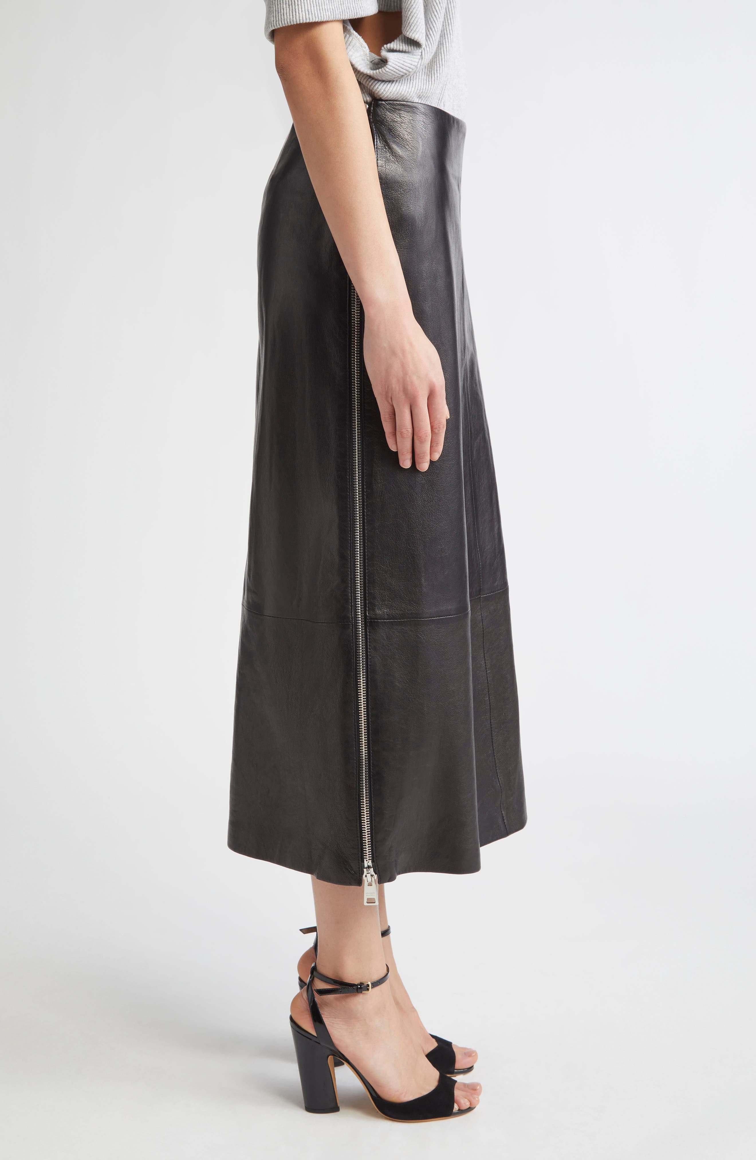 Brandon Maxwell Leather Midi Skirt in Black at Nordstrom - 4
