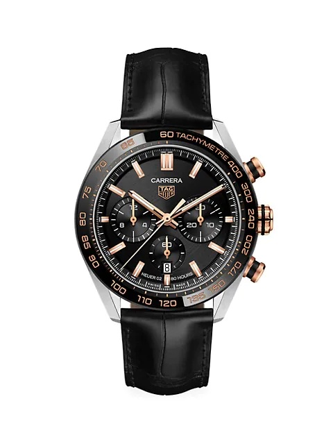 Carrera 44MM Stainless Steel, Ceramic & Alligator Strap Automatic Tachymeter Date Chronograph Watch - 1