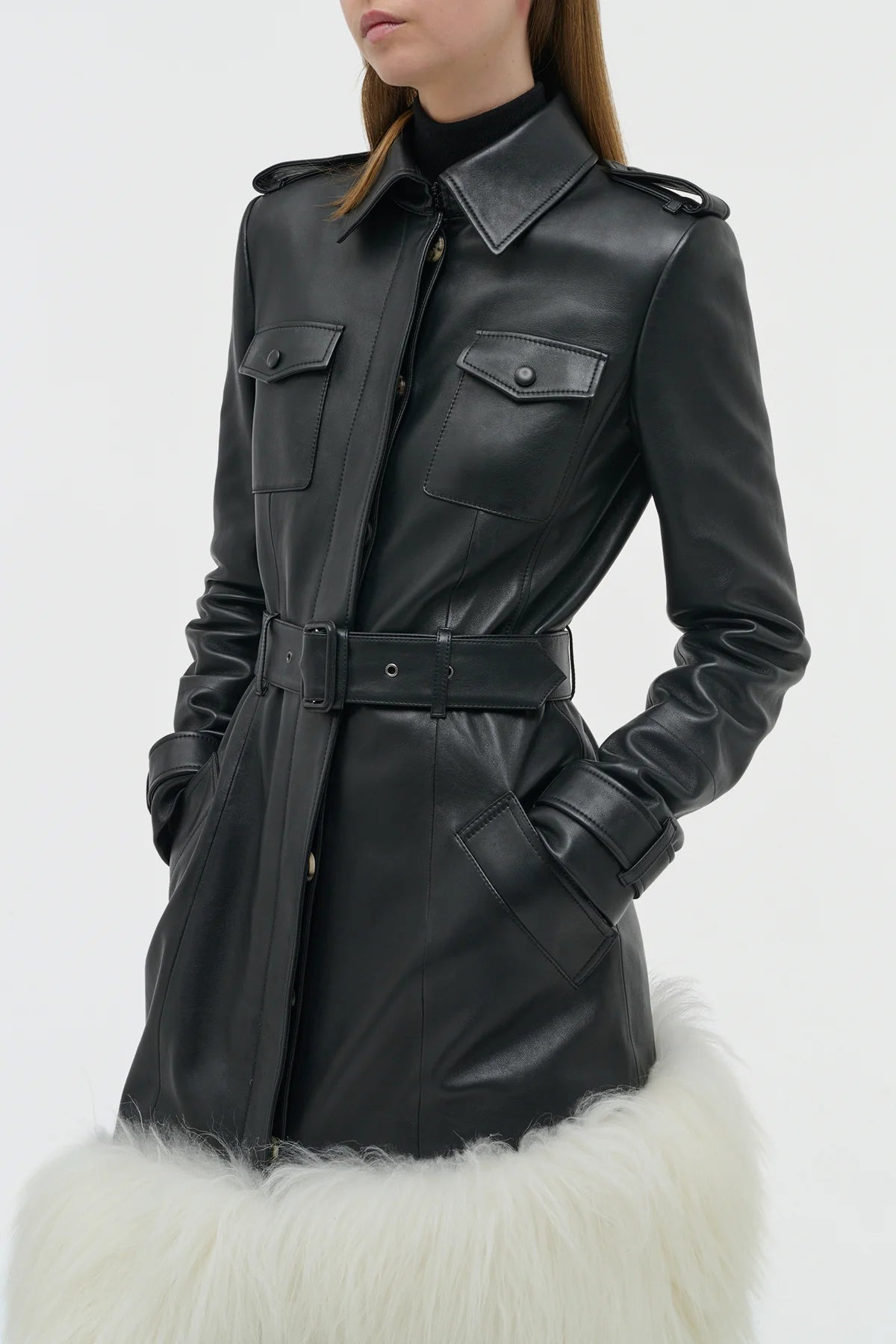 Isak Trench Coat in Black Soft Leather & Ivory Cashmere Shearling - 5