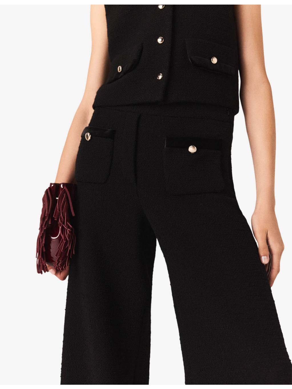 Velvet-Stripe Wide-Leg Tweed Trousers - 5