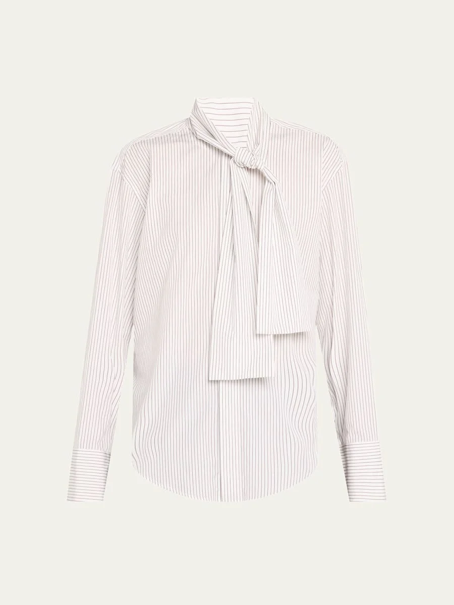 Stripe Scarf-Neck Button Down Blouse - 1