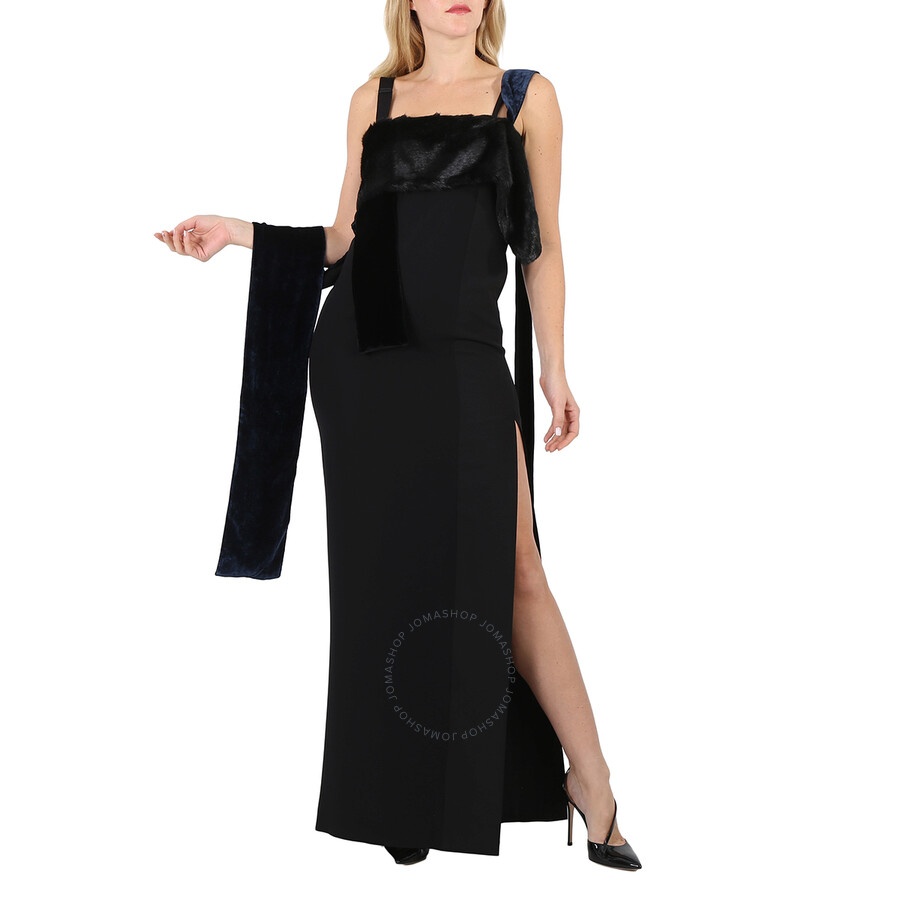 Burberry Ladies Black Faux Fur Detailing Split Velvet Dress - 3