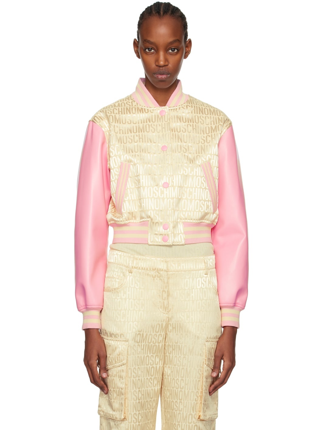 Beige & Pink Jacquard Bomber Jacket - 1