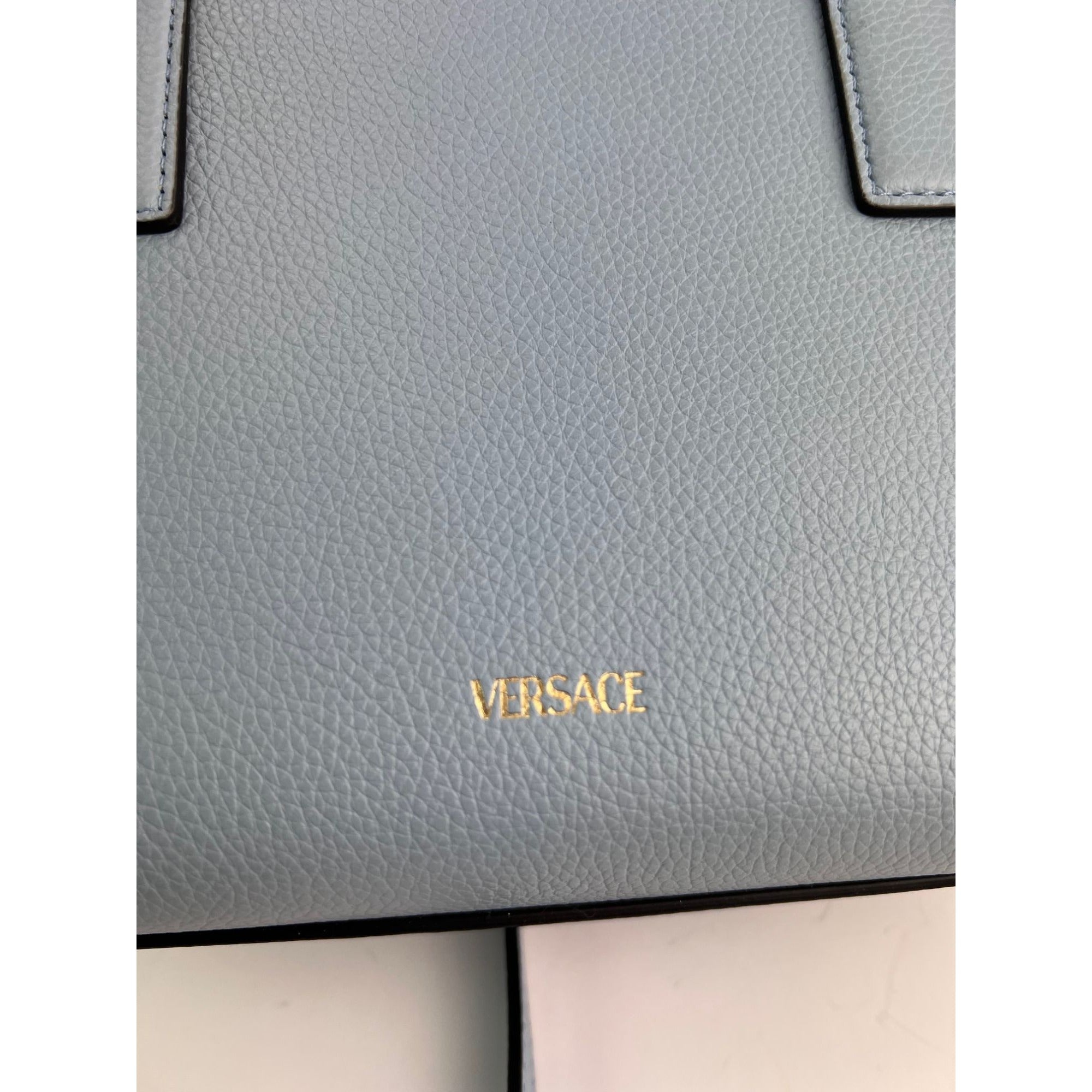 Versace nVirtus Top Handle Grained Calfskin Light Blue Tote - 11