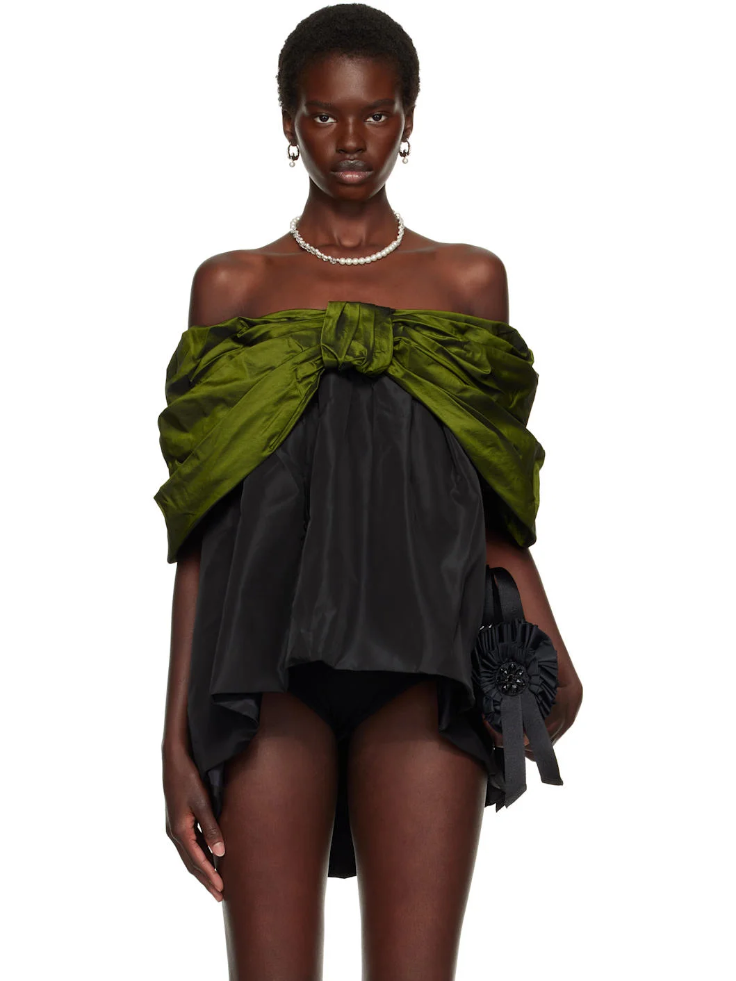 Khaki & Black Gathered Bow Top - 1