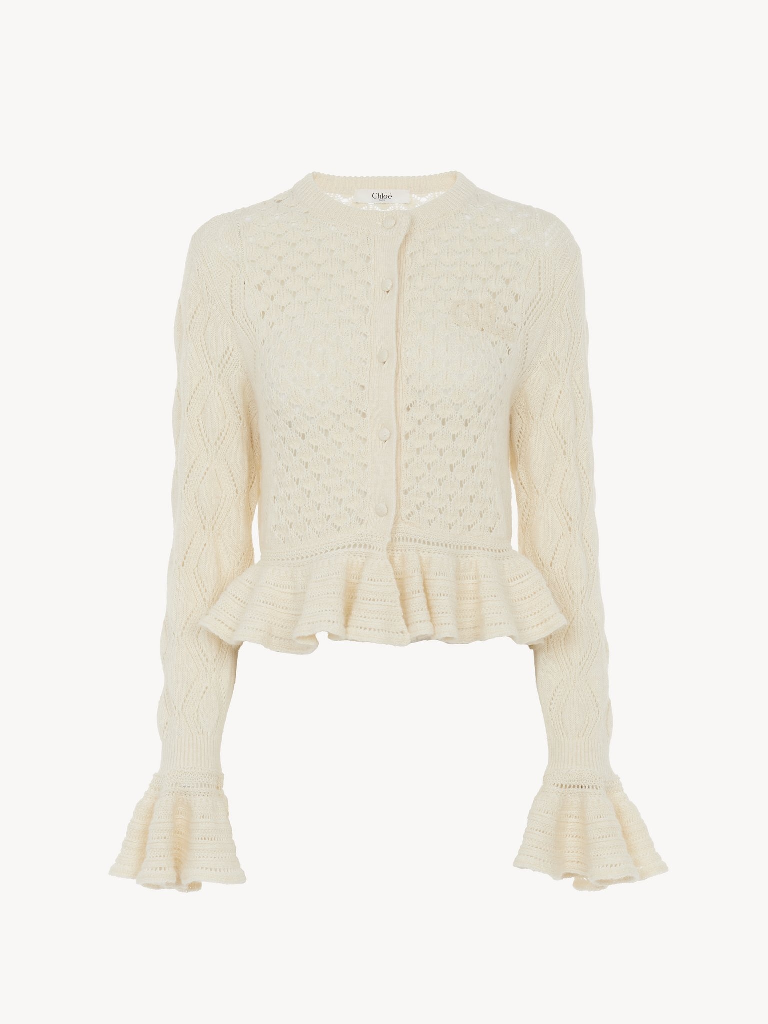 RUFFLED LOGO CARDIGAN IN A SILK, ALPACA & COTTON KNIT - 2