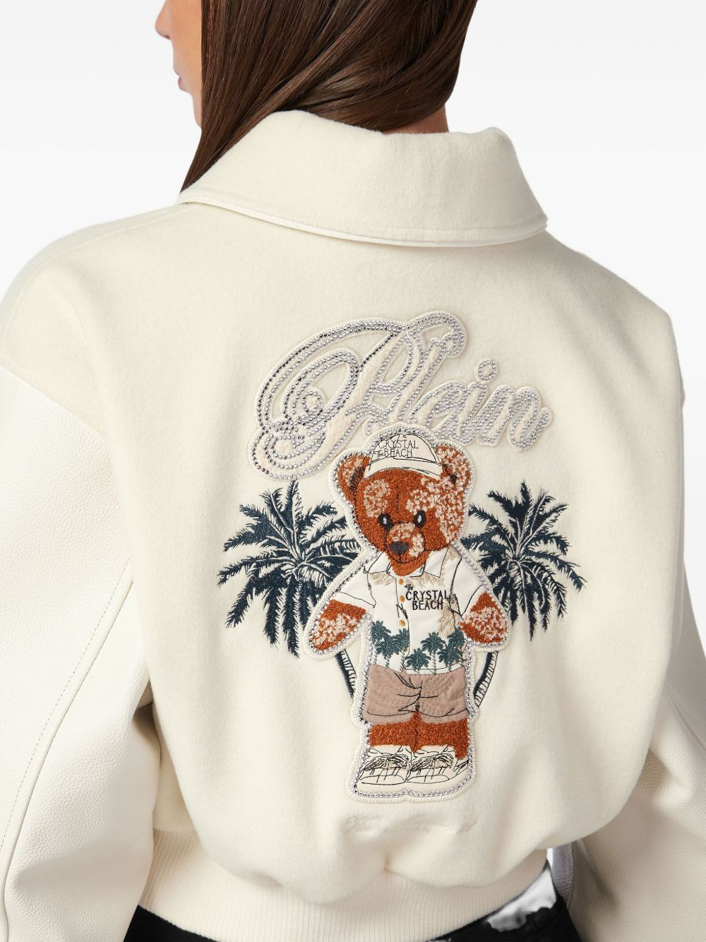 teddy-embellished leather bomber jacket - 4
