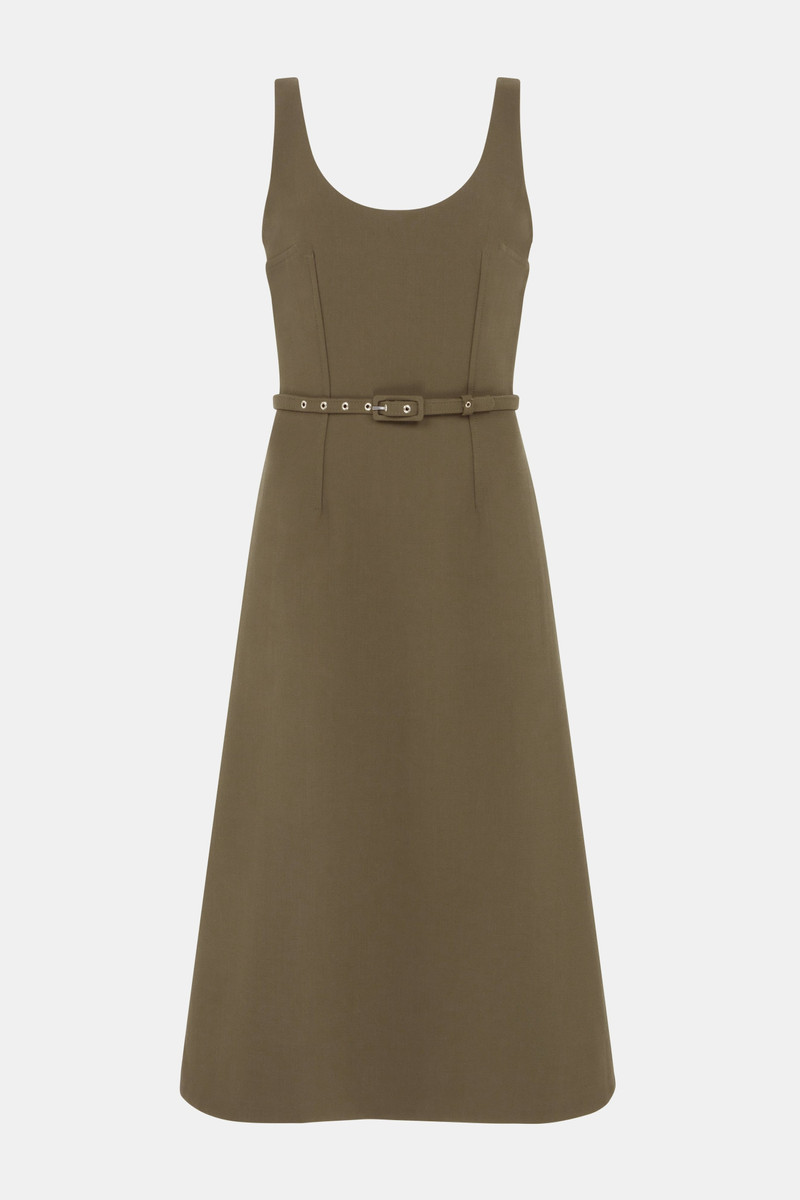 Liva Dress In Military Green Birdseye Suiting 1