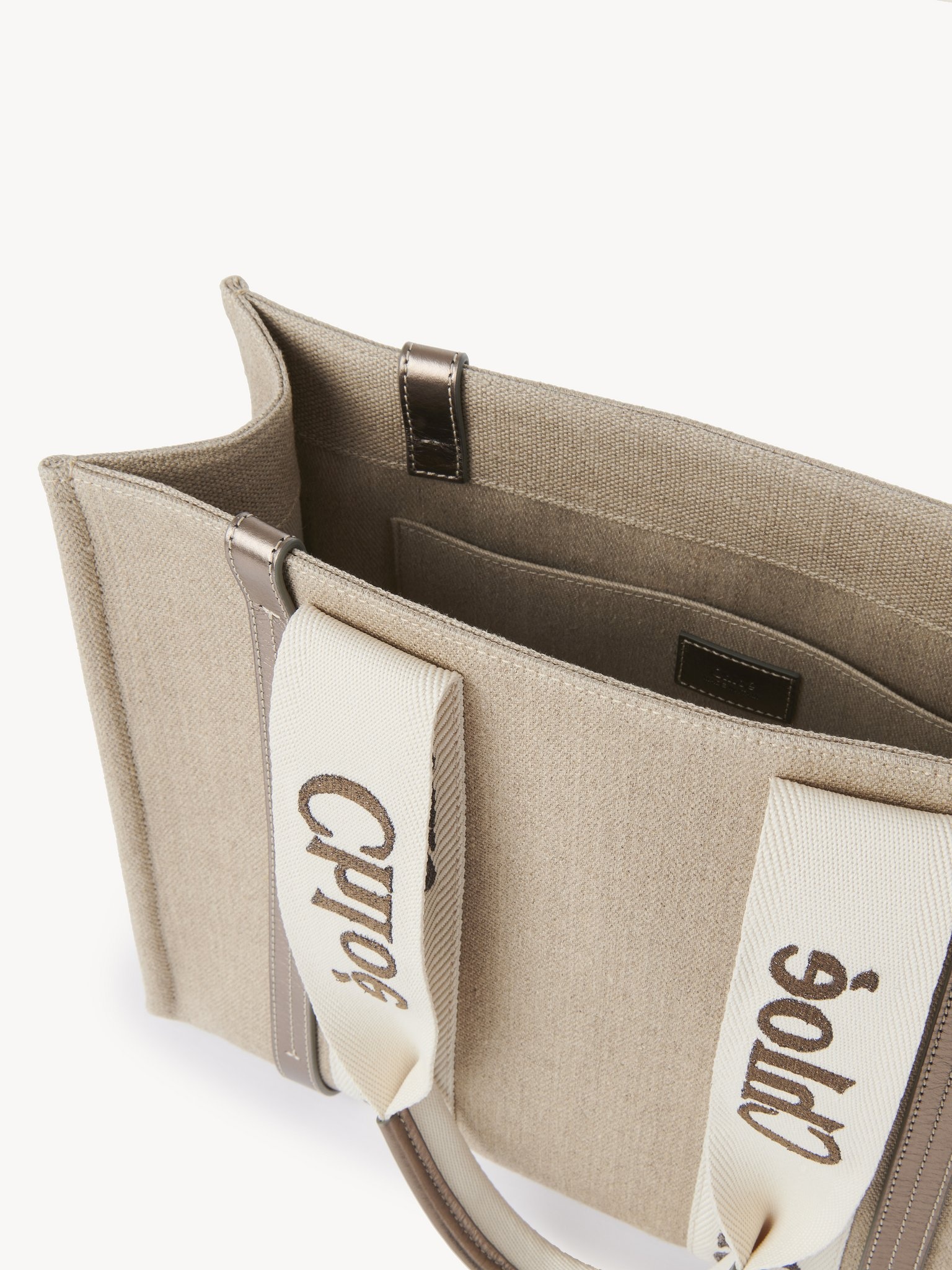 WOODY TOTE BAG IN LINEN & LEATHER - 6