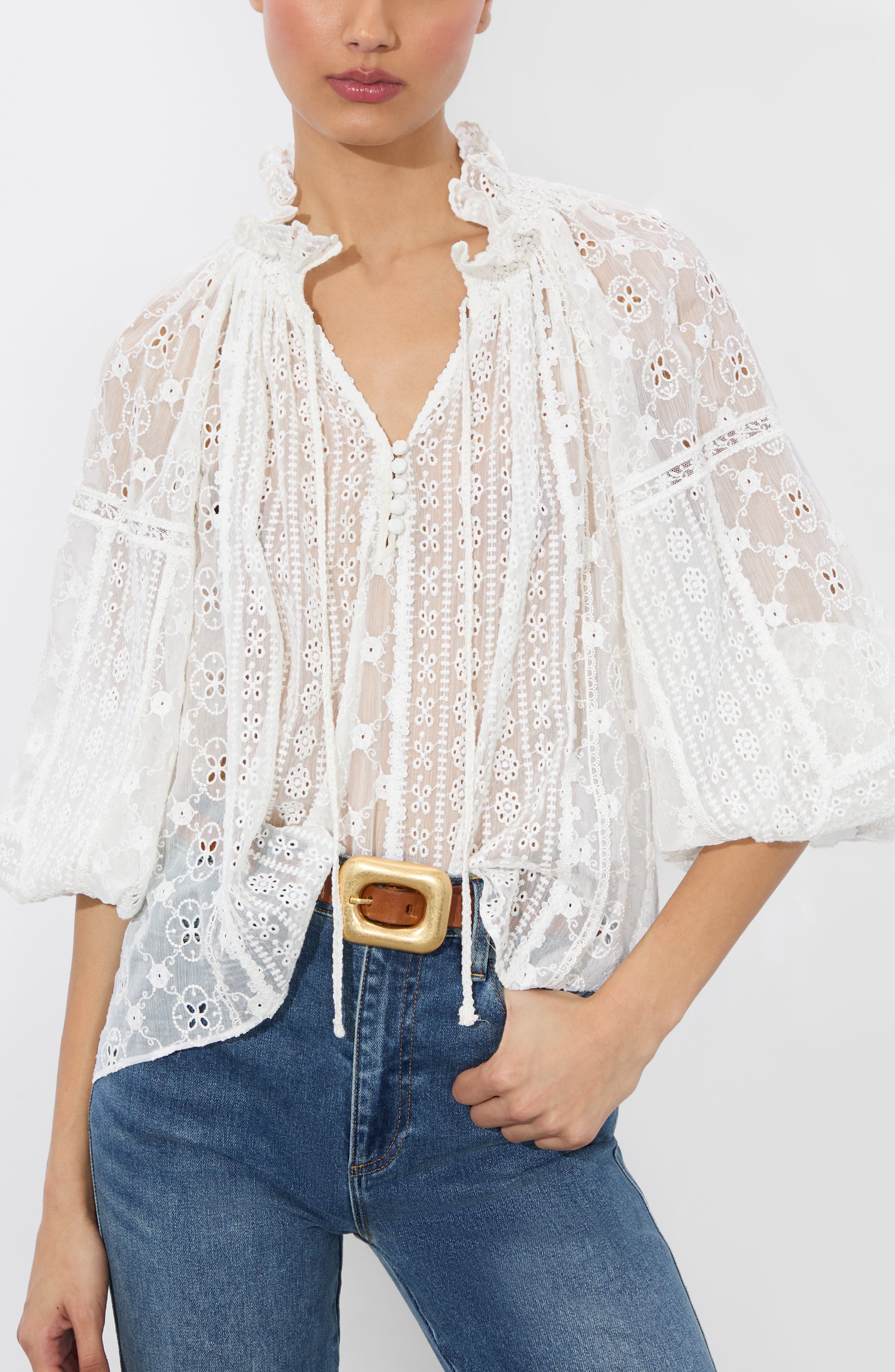 Alice + Olivia Norah Eyelet Embroidered Peasant Top in Off White at Nordstrom - 1