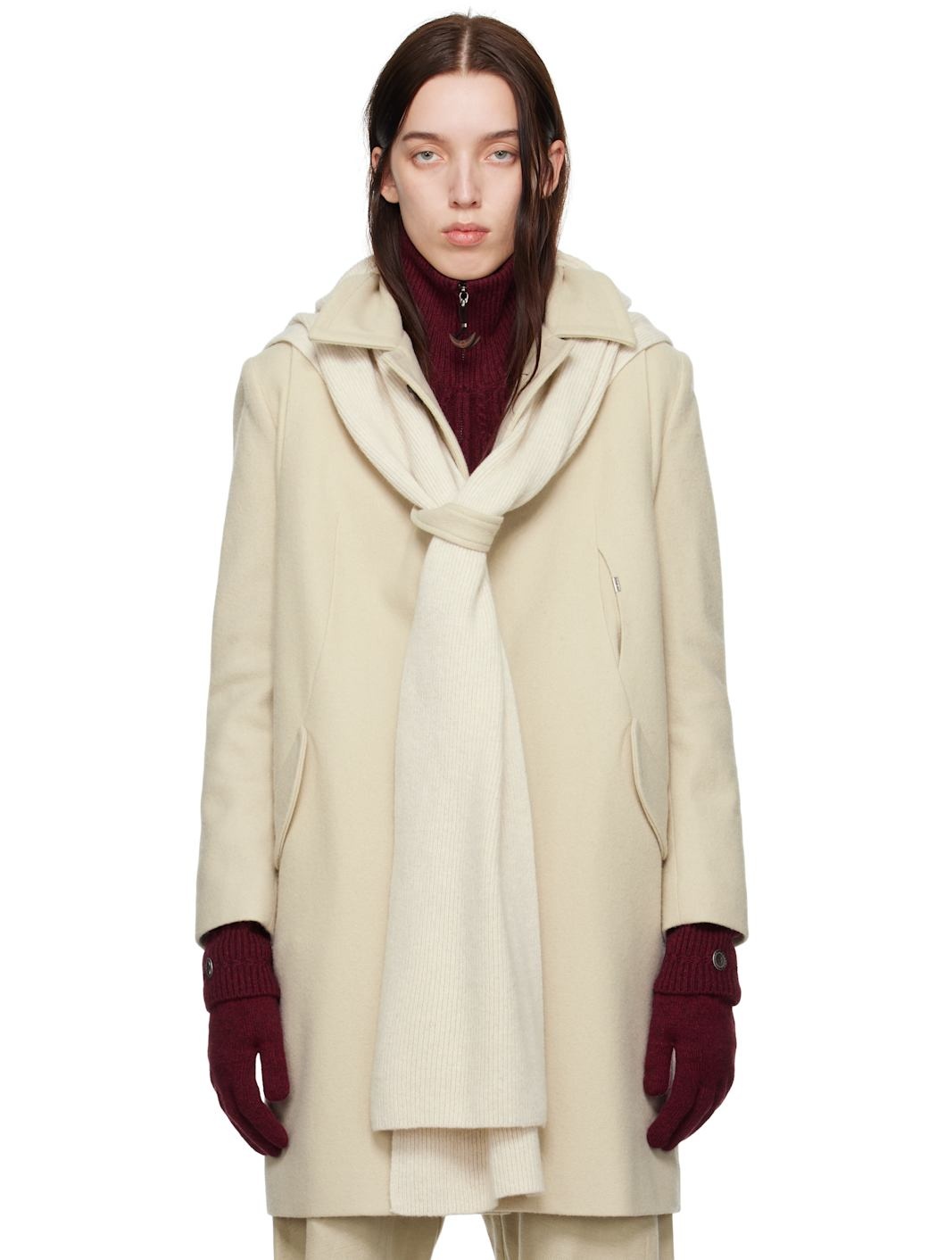 Beige Hood Muffler Coat - 1