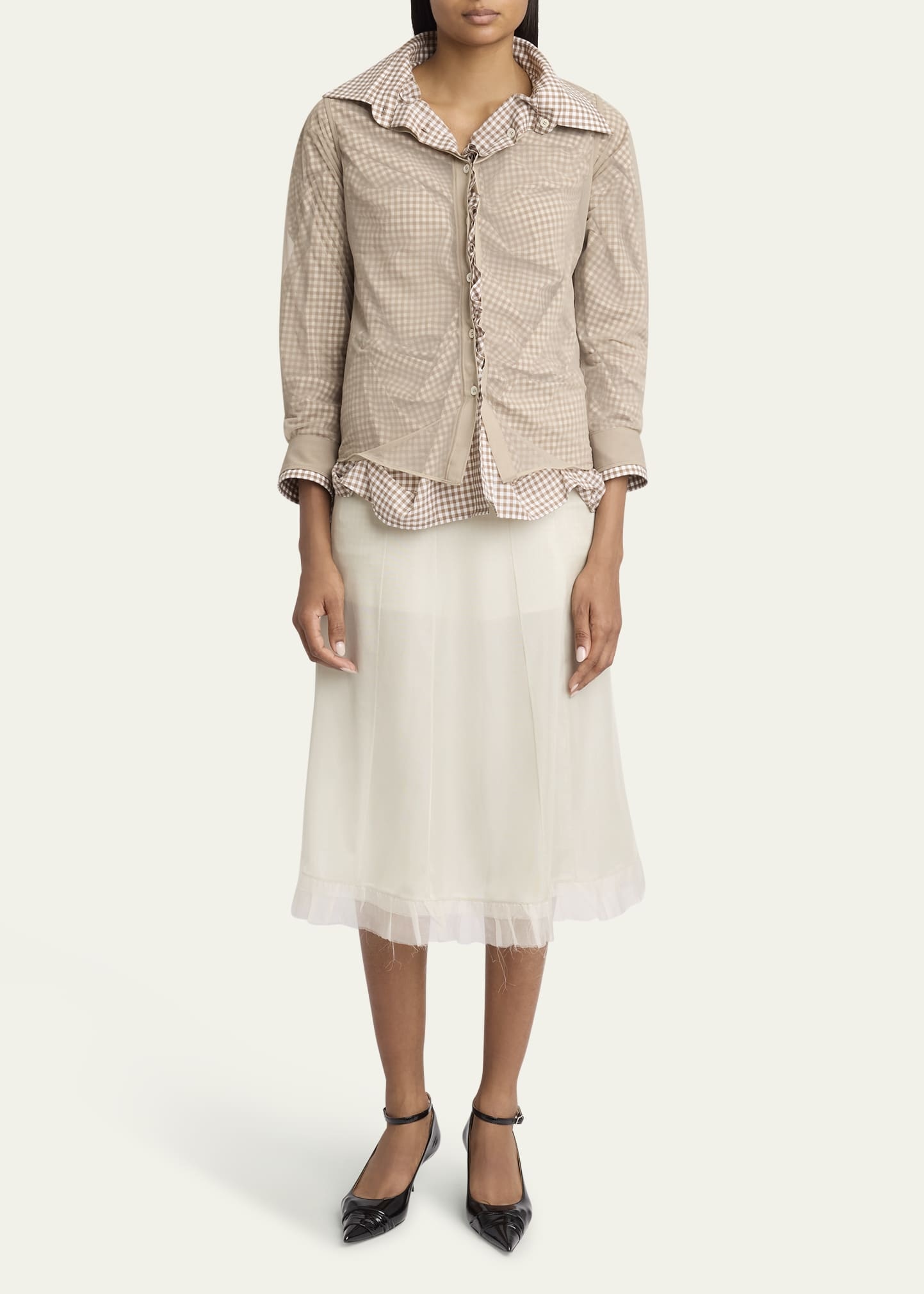 Ruched Hybrid Check Button Down Blouse - 2