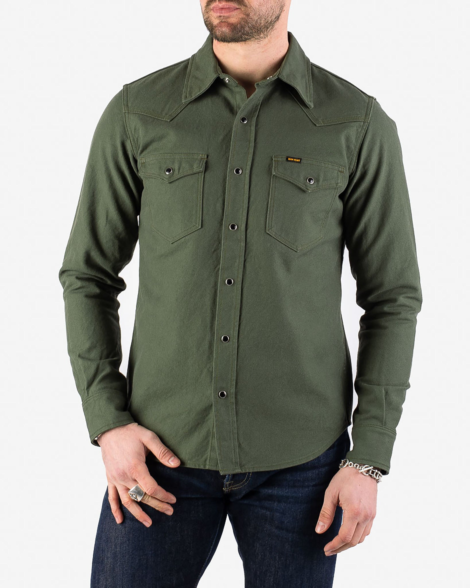 IHSH-235-OLV 13oz Military Serge Western Shirt - Olive Drab Green - 2