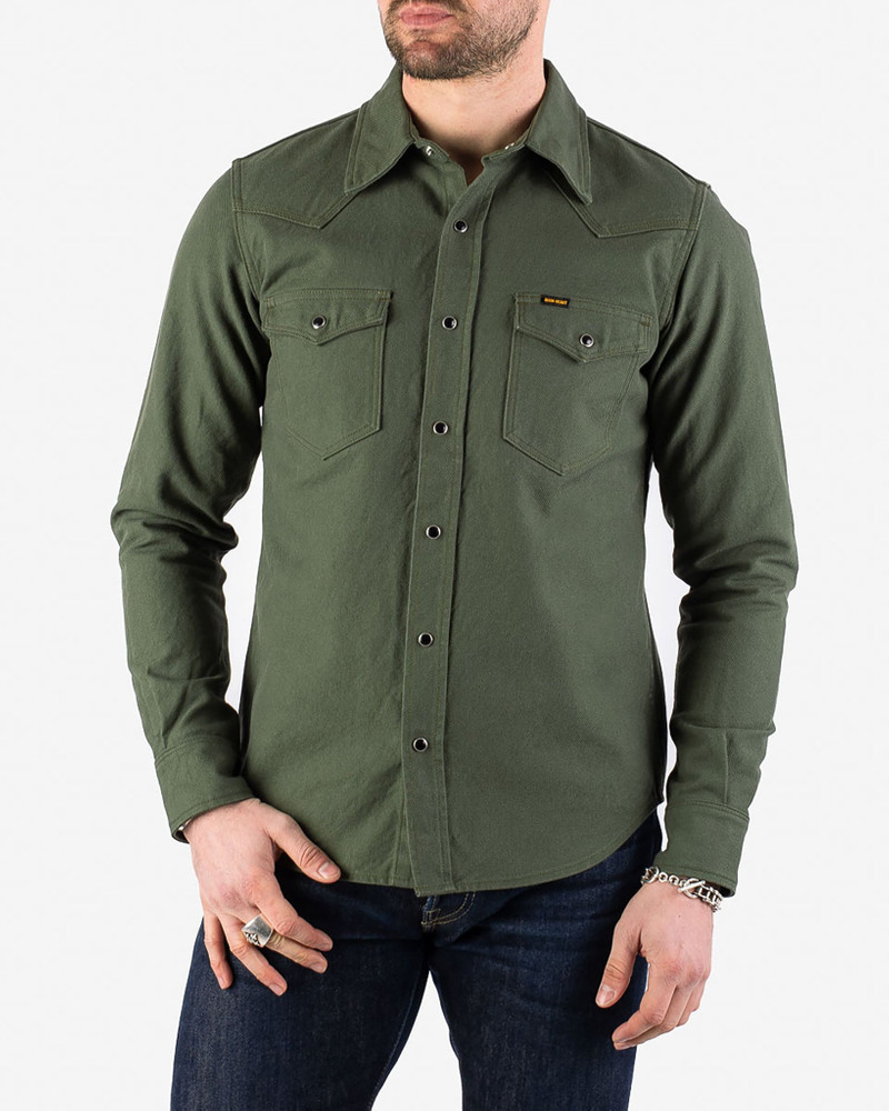 Iron Heart IHSH-235-OLV 13oz Military Serge Western Shirt - Olive Drab Green outlook