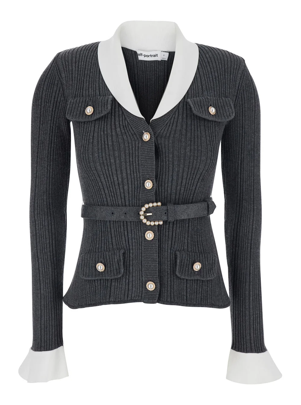 Self-Portrait Women Grey Cardigan With Ribbed Texture And Long Sleeves In Fabric And Cotton Women - 1
