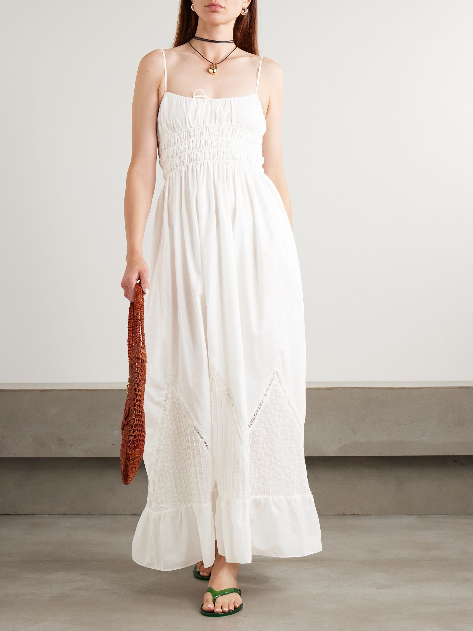 Meline lace-trimmed pintucked shirred cotton-voile maxi dress White - 2