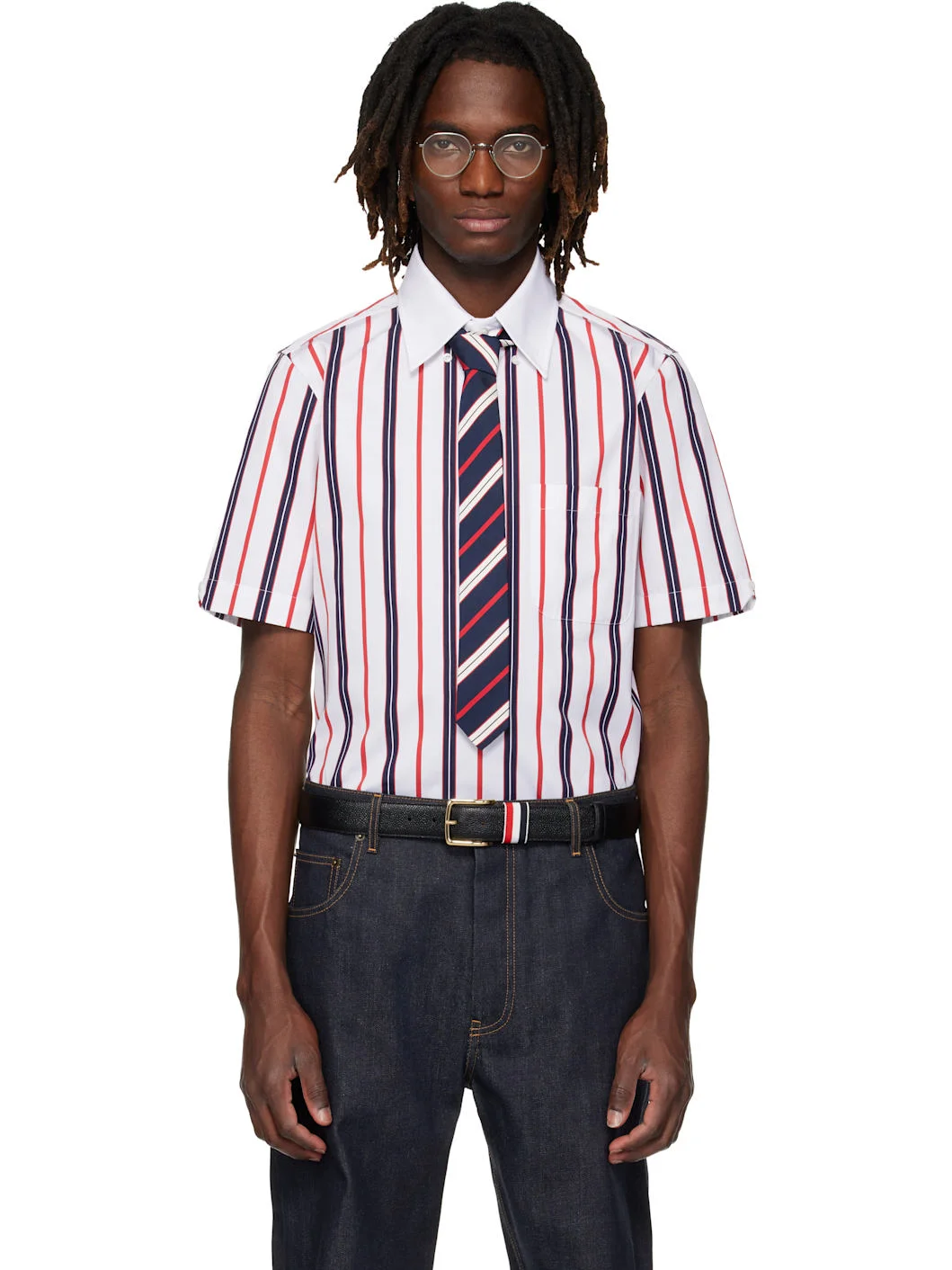 White Repp Stripe Poplin Short Sleeve Shirt - 1