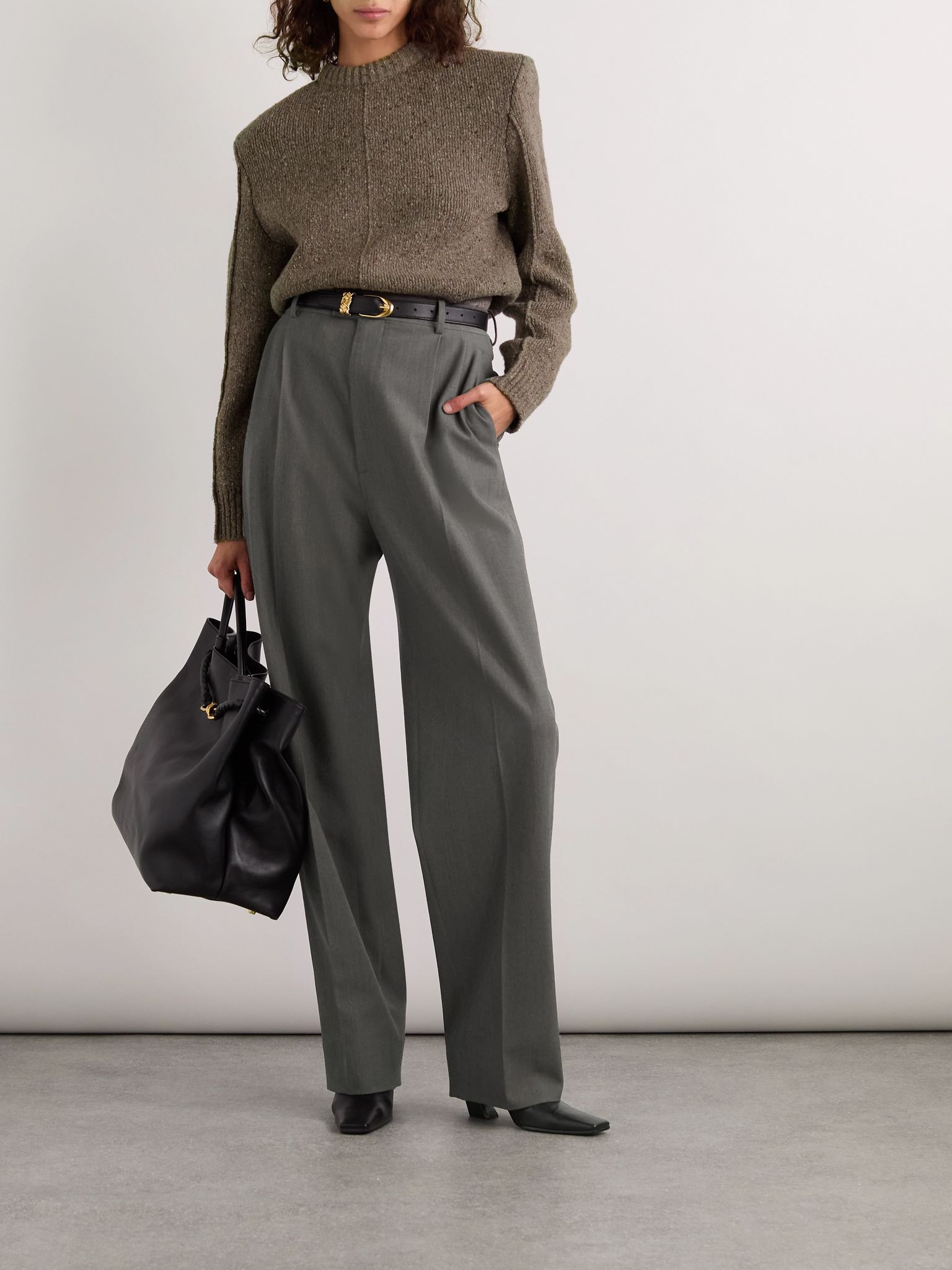 Pleated wool-blend straight-leg pants Gray - 2