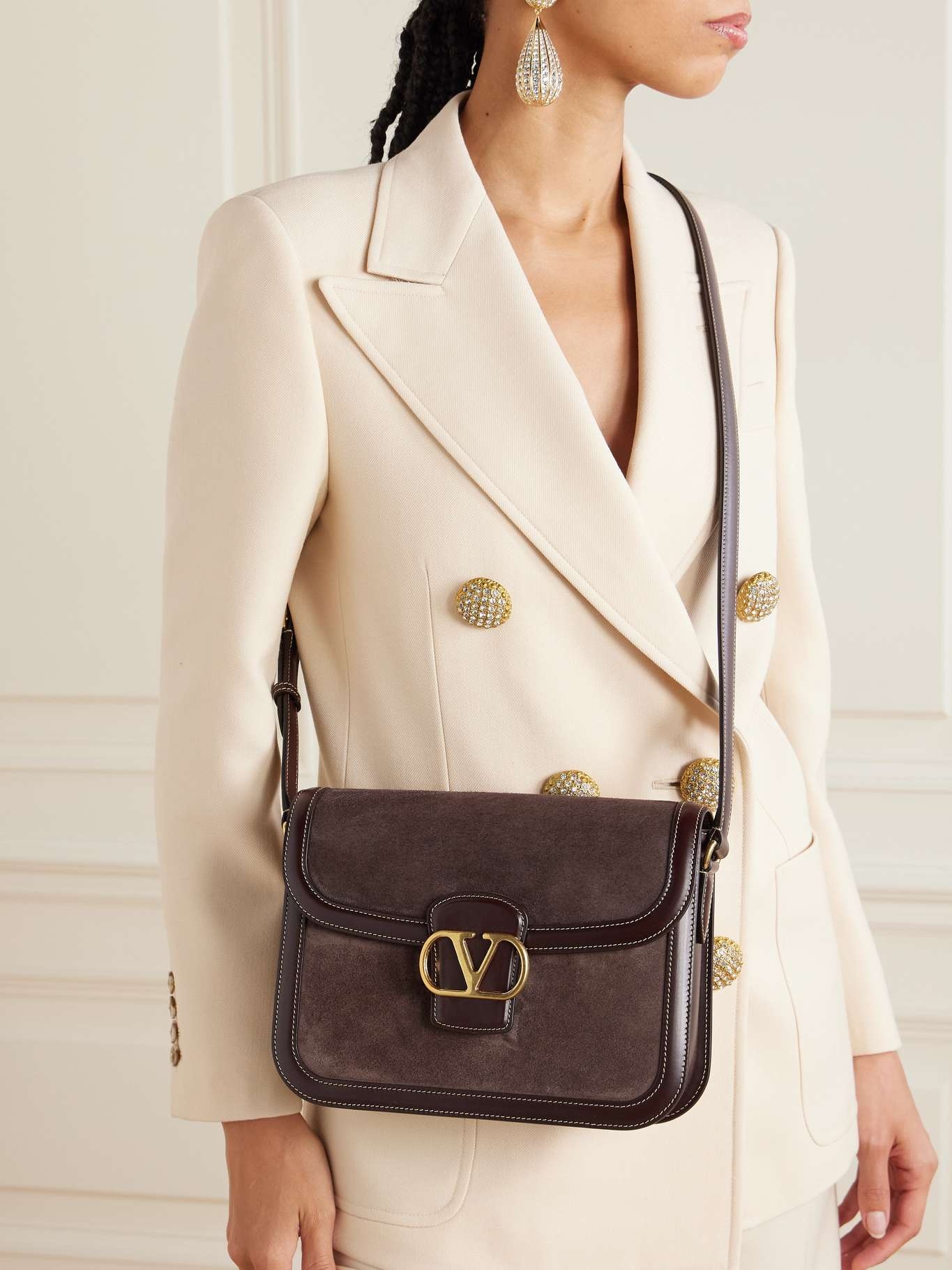 9to5 leather-trimmed suede shoulder bag Chocolate - 6