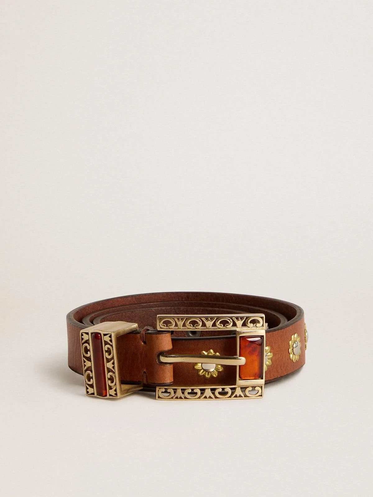 Brown leather belt with golden floral studs and amber inserts - 1