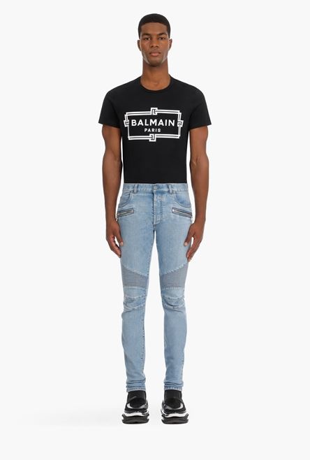 Slim blue cotton jeans with Balmain monogram - 4