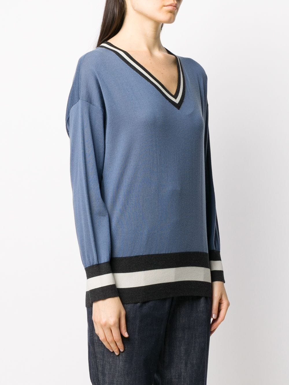 stripe-hem V-neck sweater  - 3