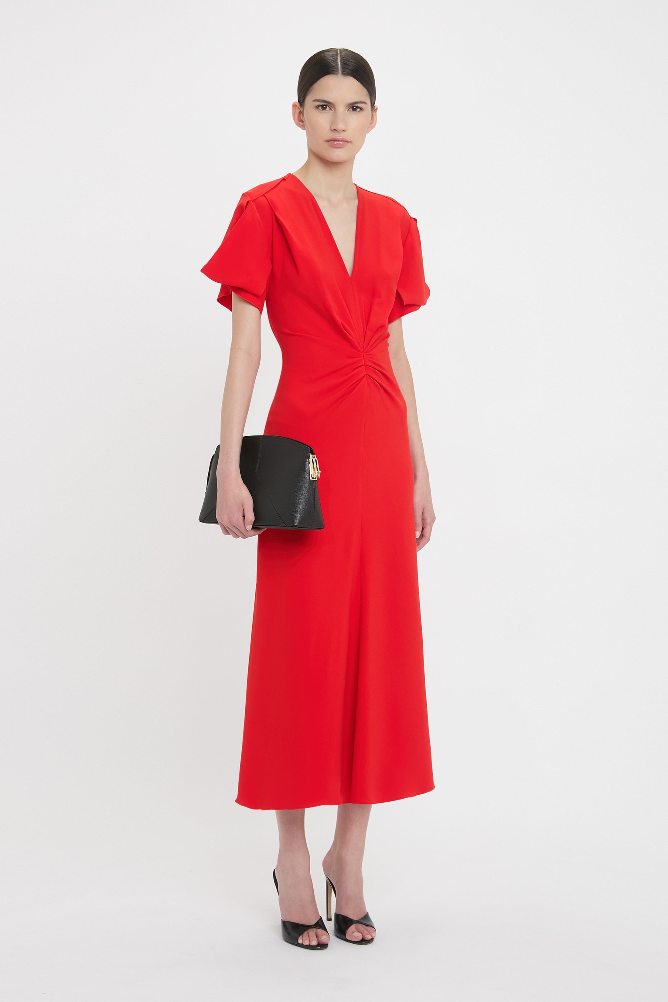 Gathered V-Neck Midi Dress In Tomato - 3