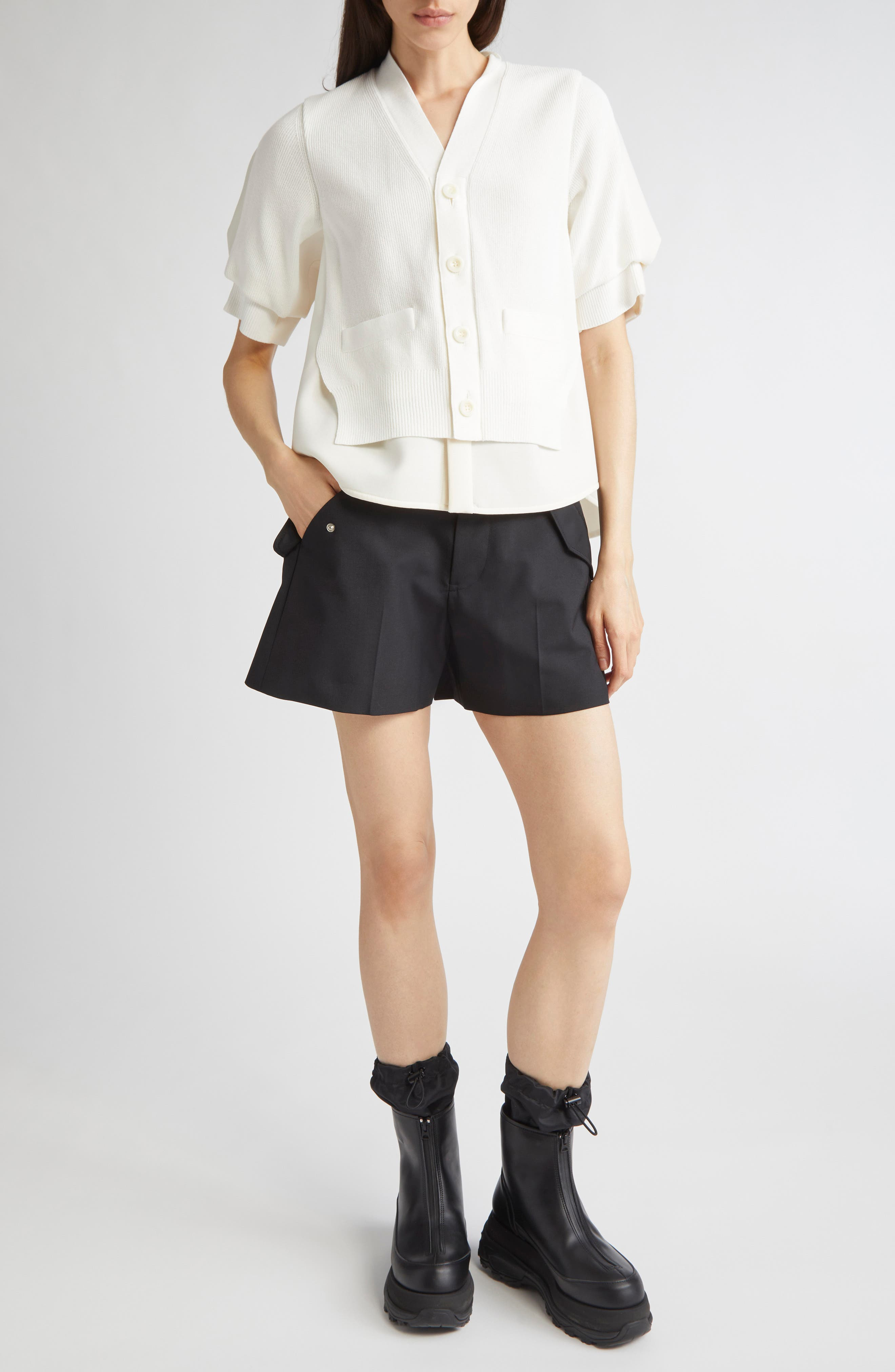 Sacai Suiting Mixed Media Cardigan in Off White at Nordstrom - 2