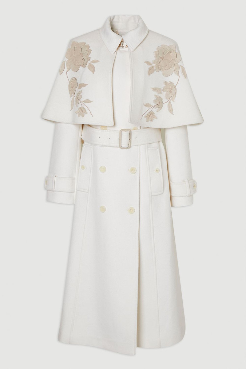 Brushed Wool Pu Mix Placed Floral Embroidery Applique Tailored Cape Full Skirted Midi Coat 4