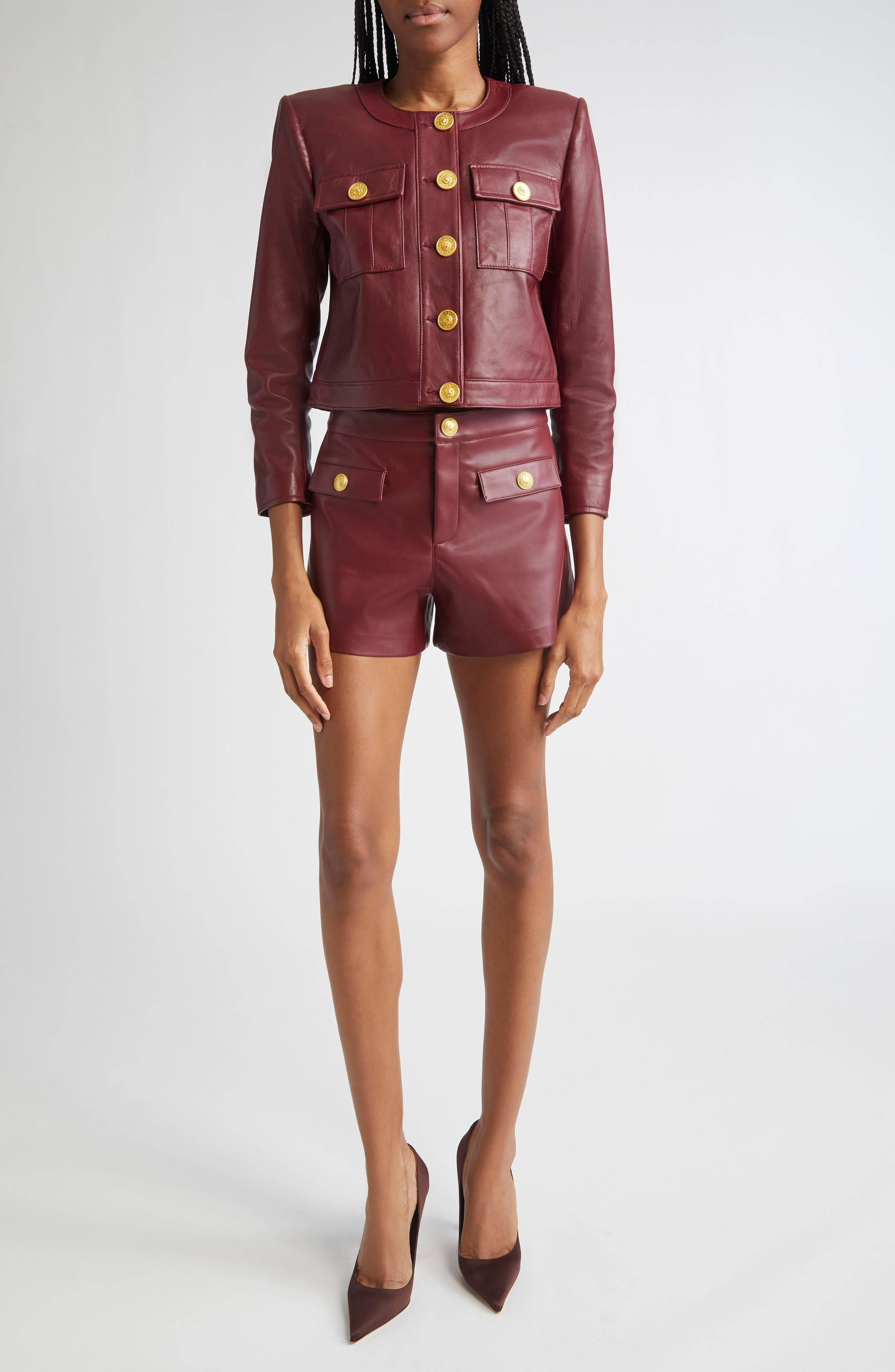 L'AGENCE Deidra Lambskin Leather Crop Jacket in Black Cherry at Nordstrom - 2