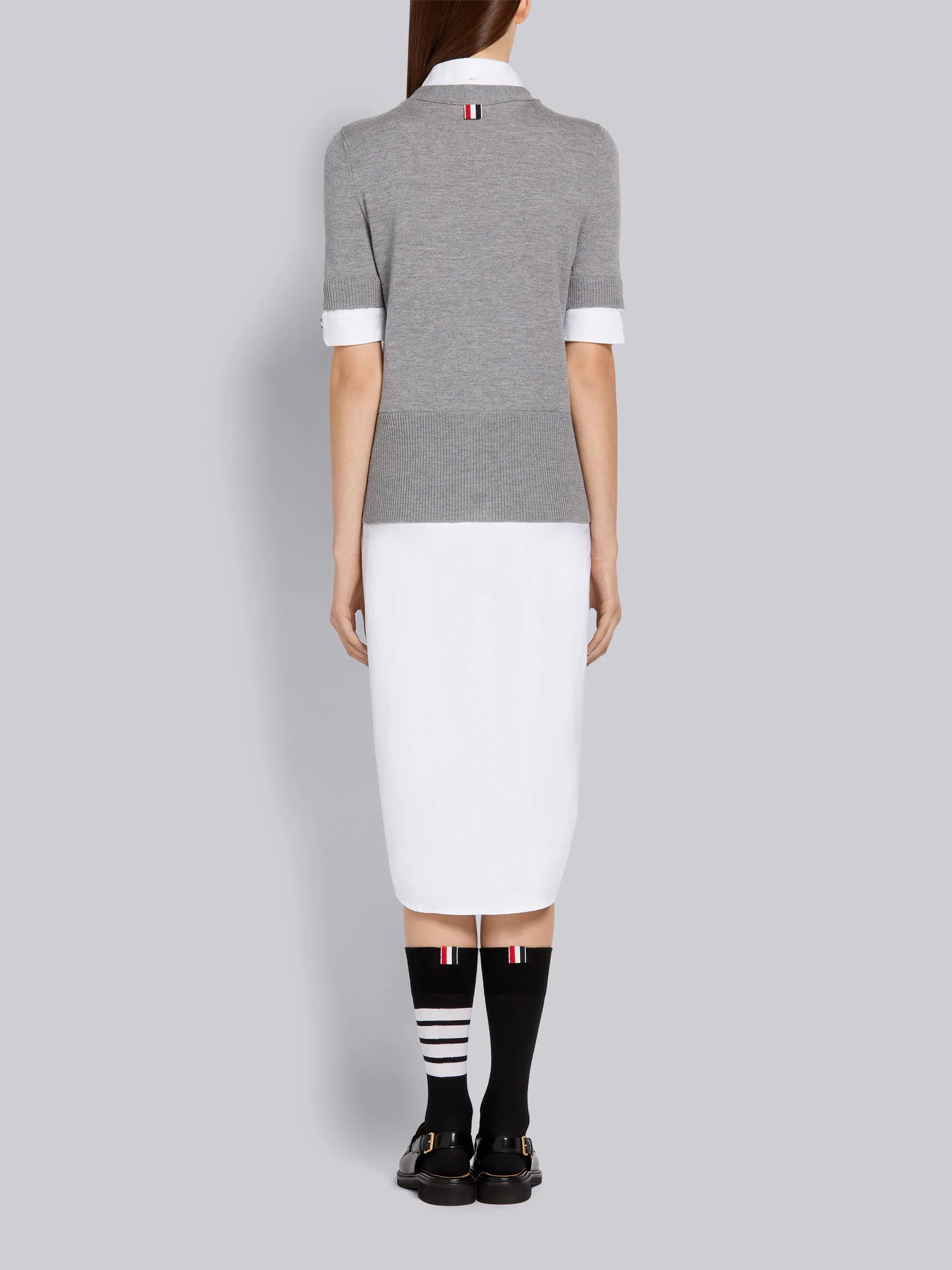 Light Grey Oxford and Fine Merino Wool V-Neck Pullover Combo Shirtdress - 3