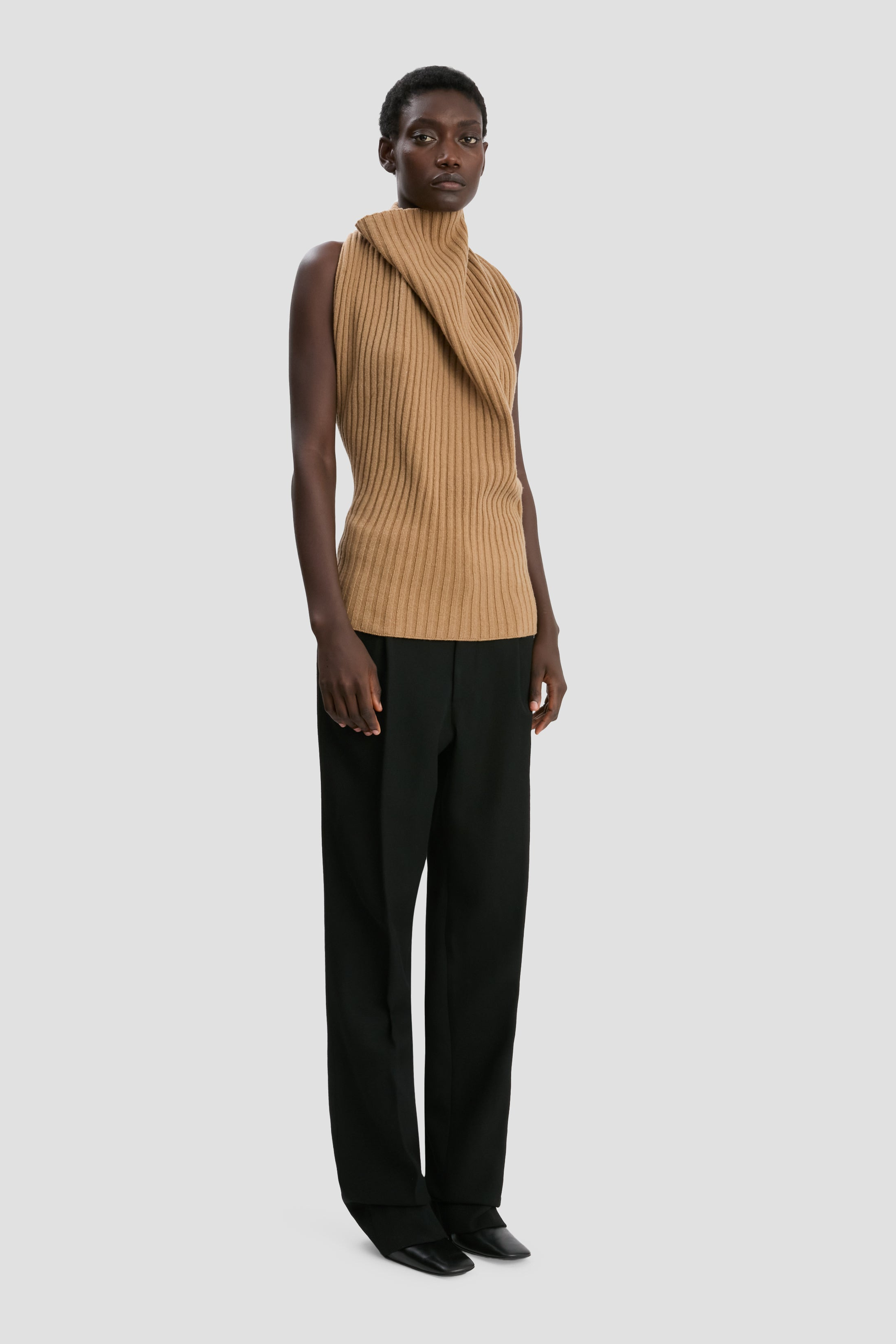 Draped Sleeveless Rib Top In Dark Camel - 3