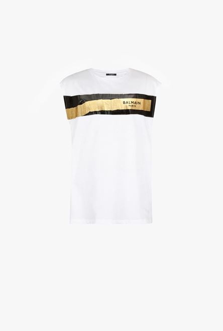 White eco-designed cotton T-shirt with black and gold Balmain logo print - 1