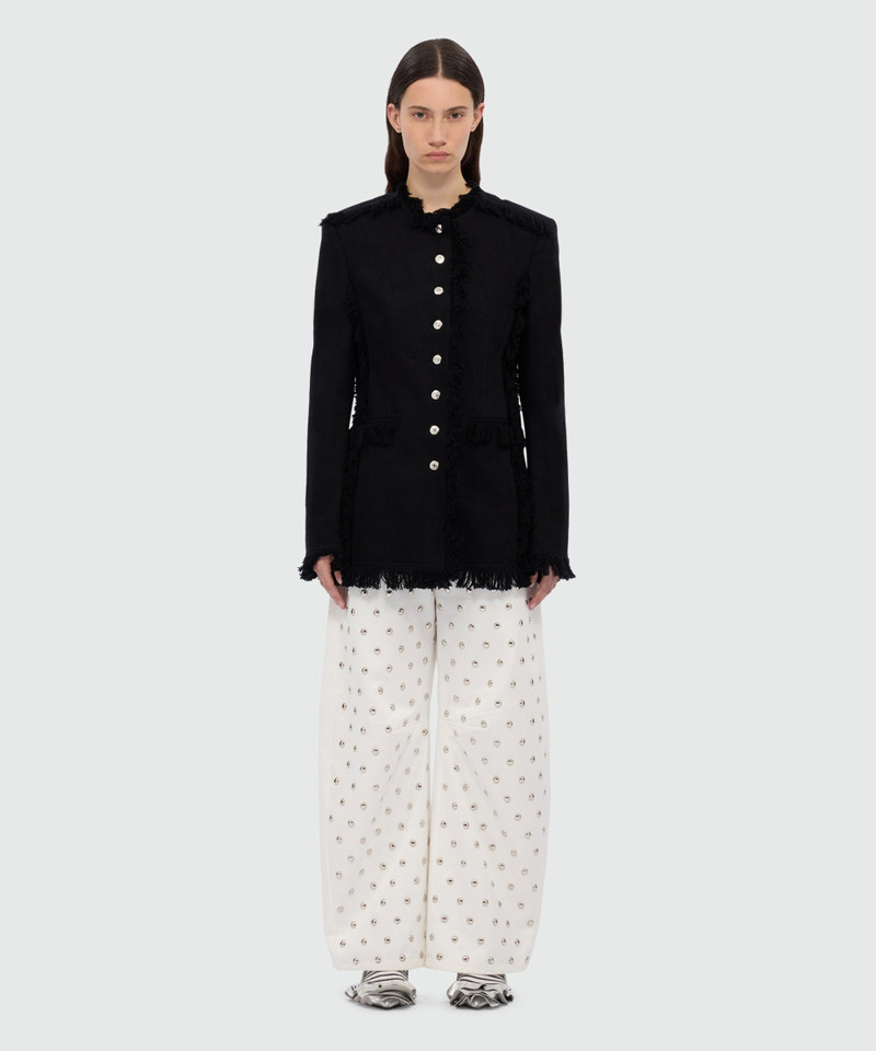 MSGM Black single-breasted raw cotton jacket with frayed edges. outlook