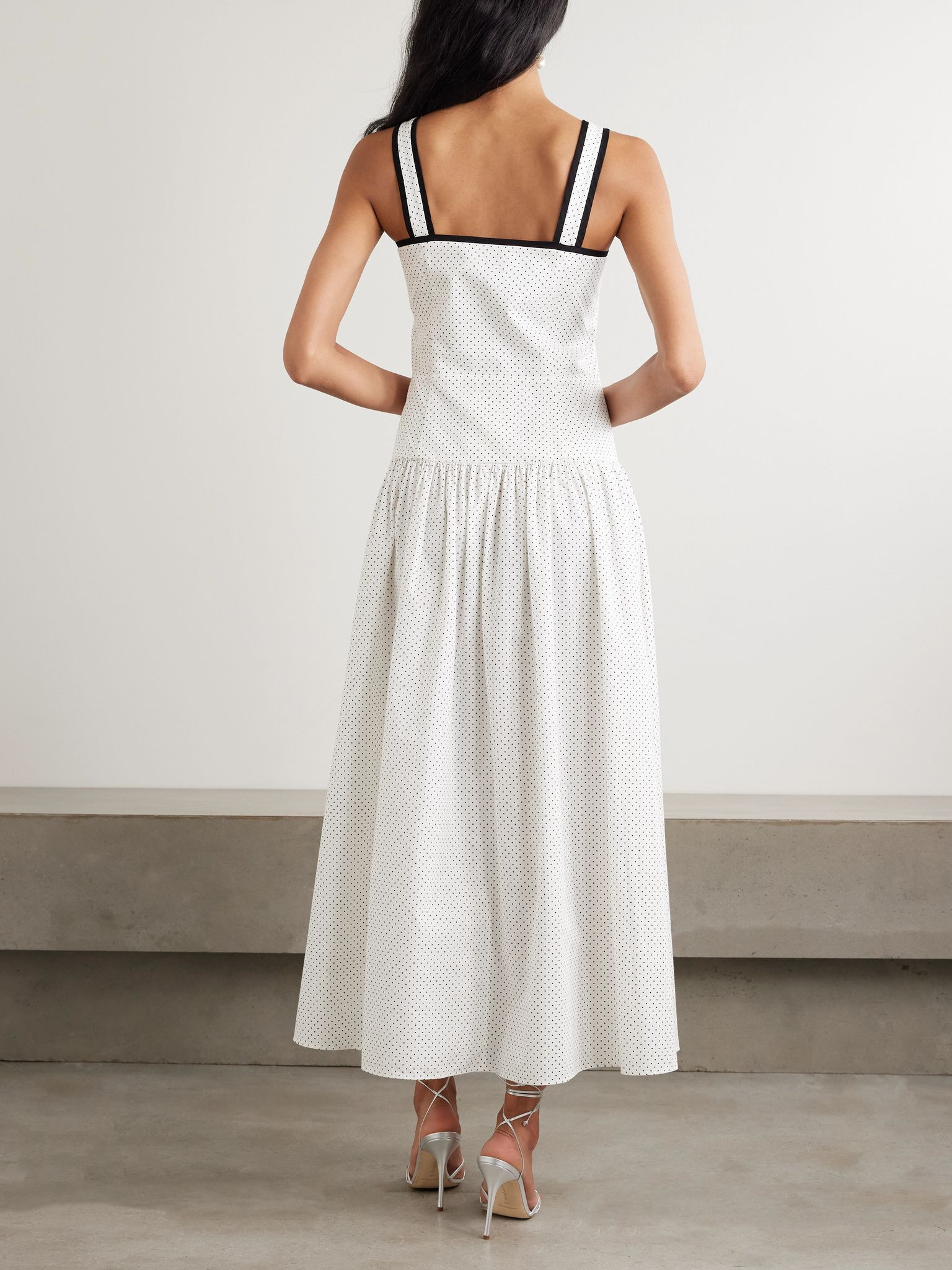 Bow-detailed velvet-trimmed gathered printed cotton-poplin midi dress White - 3