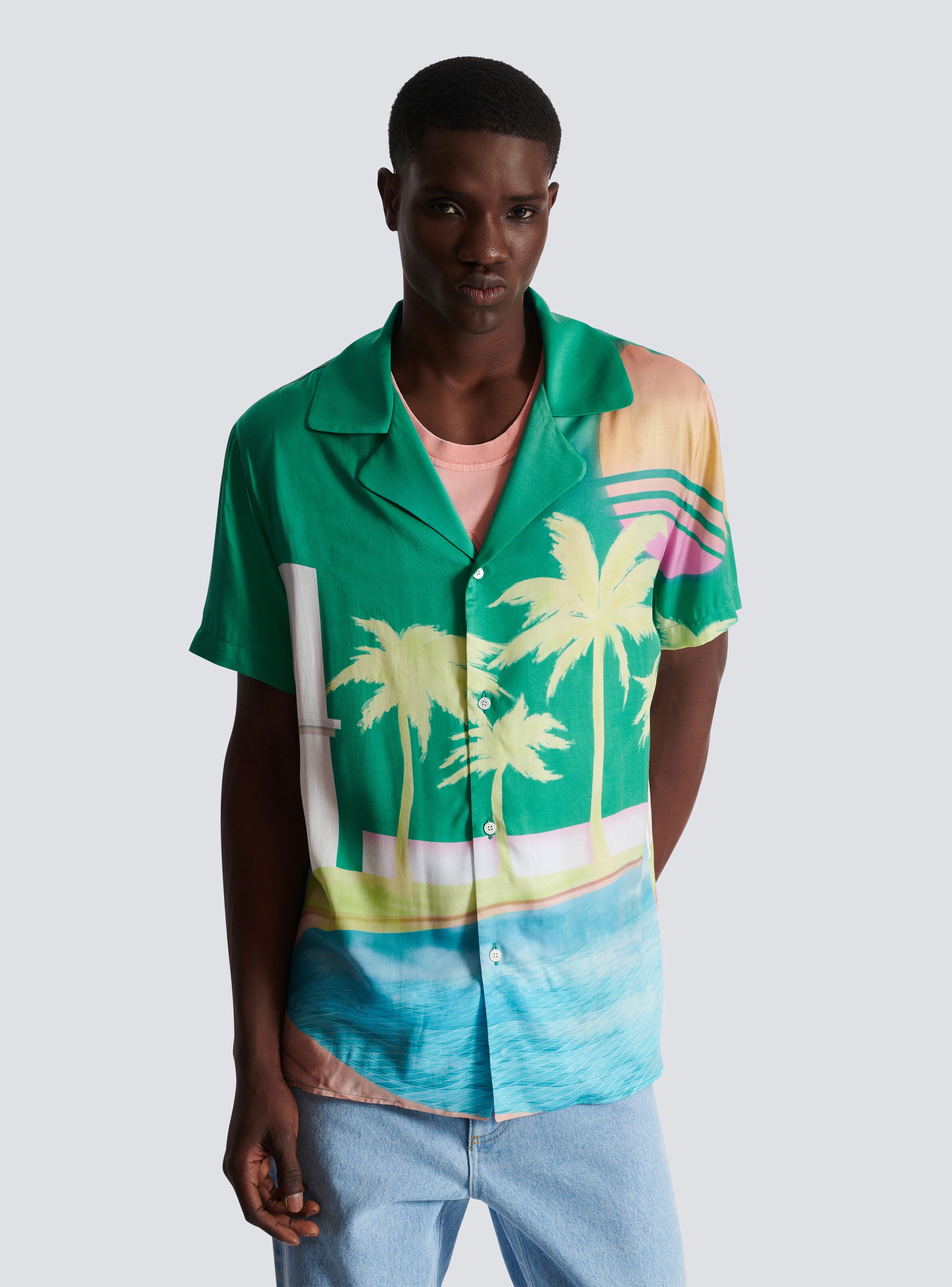 Short-sleeved twill pyjama shirt with palm tree print - 6