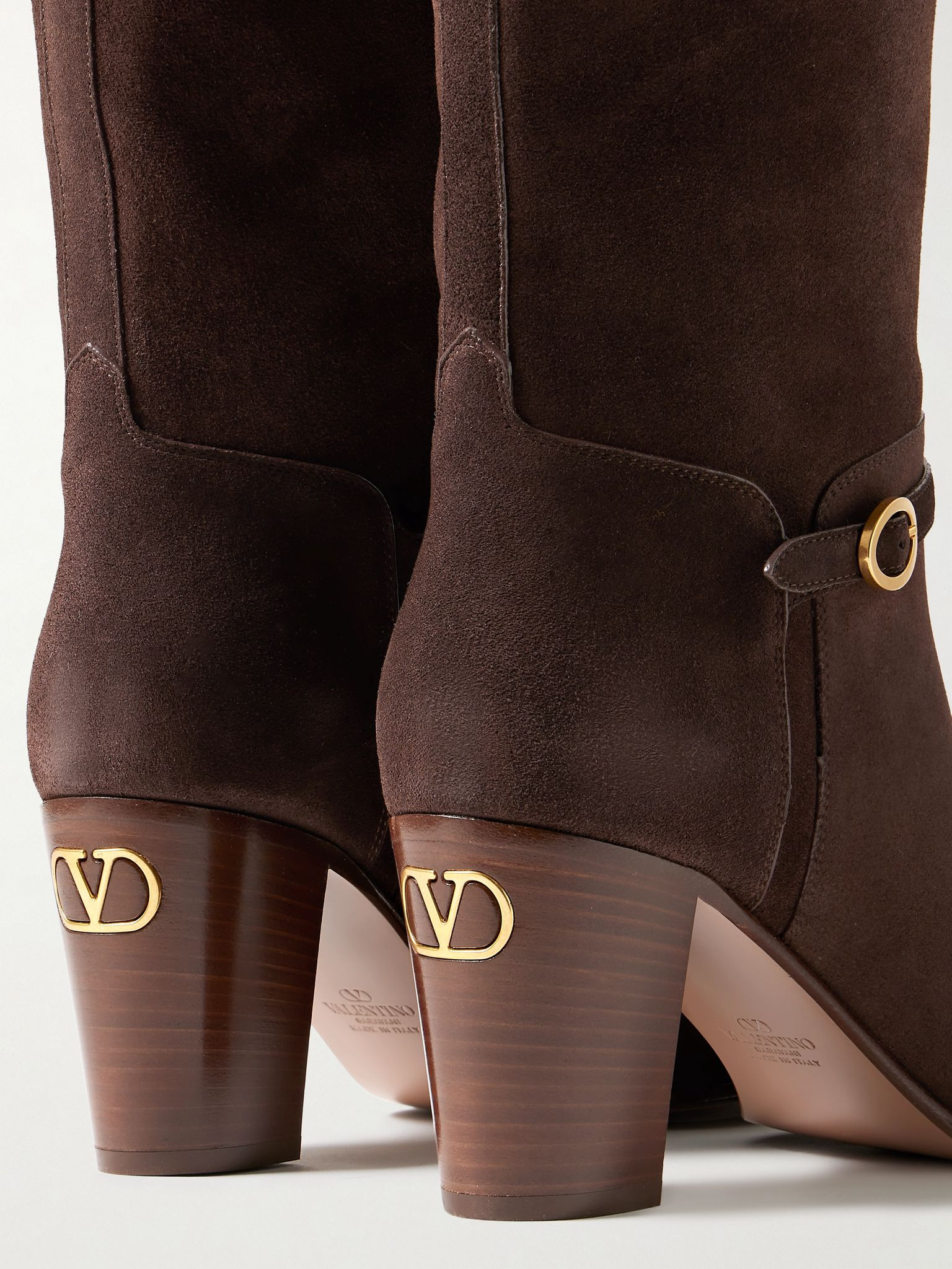 Pattie 75 buckle-embellished suede knee boots Chocolate - 4