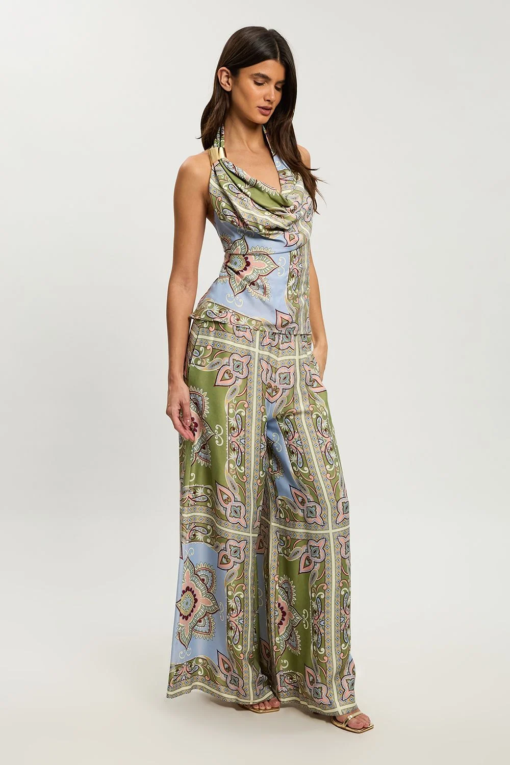 Petite Satin Viscose Patchwork Print Trouser - 1