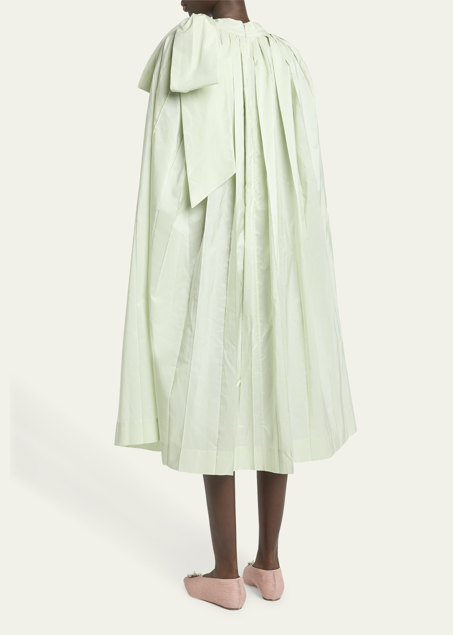 Pleated Cascade Cape Midi Dress with Shoulder Bow - 3