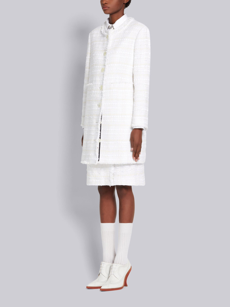 Thom Browne White Cotton Oxford Ribbon Tweed Frayed Crewneck Cardigan Overcoat outlook