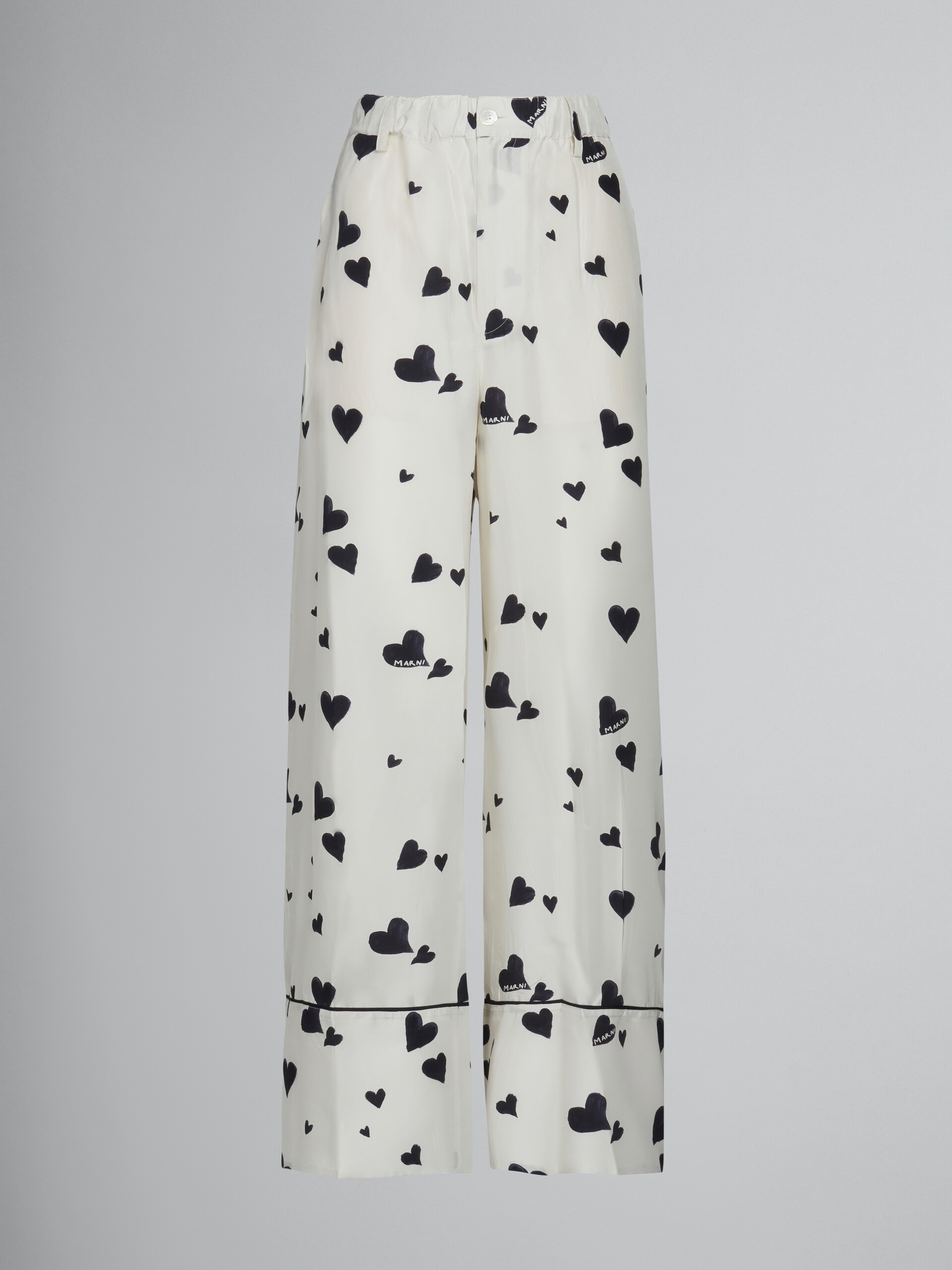 WHITE SILK PYJAMA TROUSERS WITH BUNCH OF HEARTS PRINT - 1