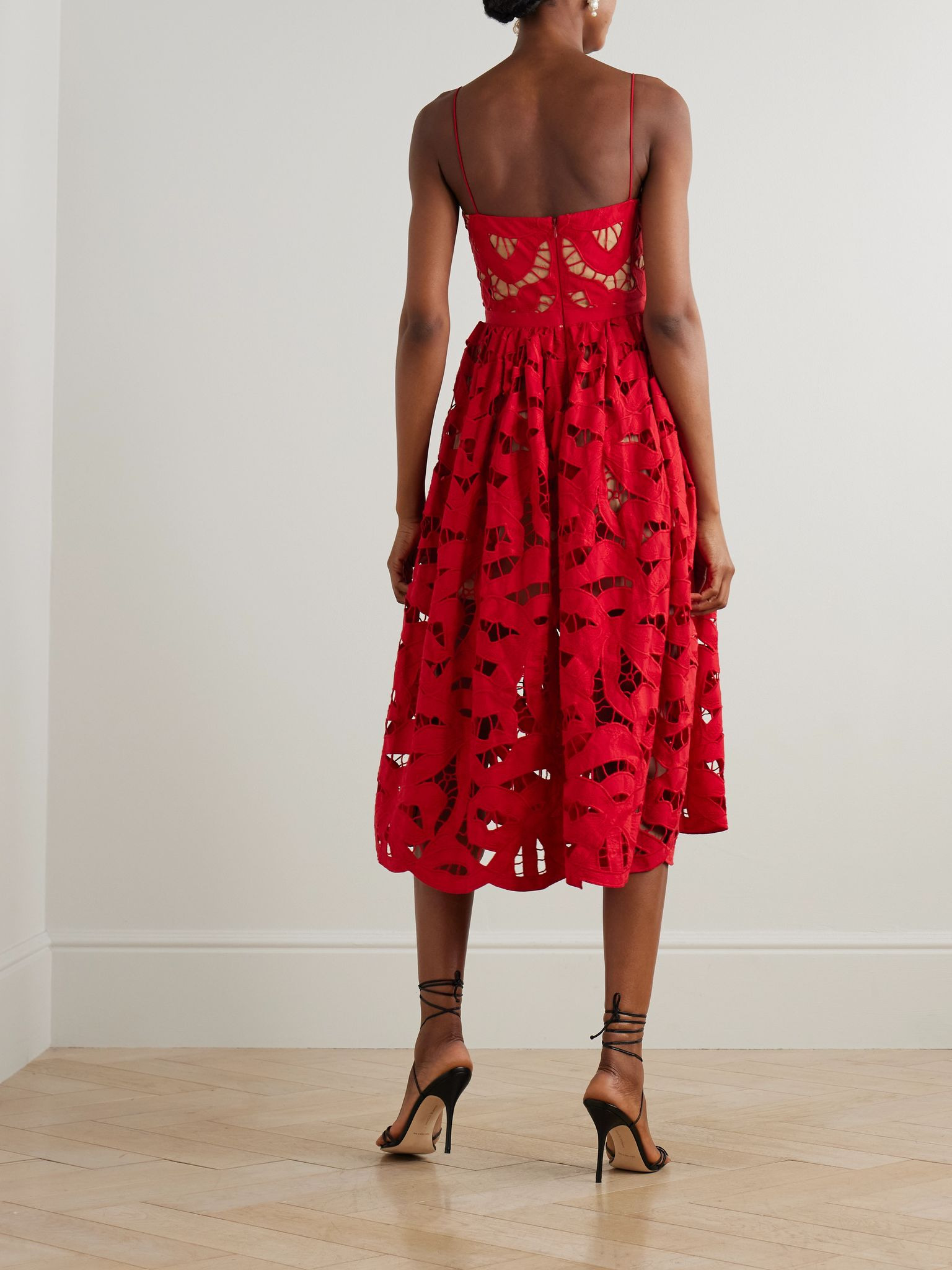 Bow-detailed cotton-guipure lace midi dress Red - 3