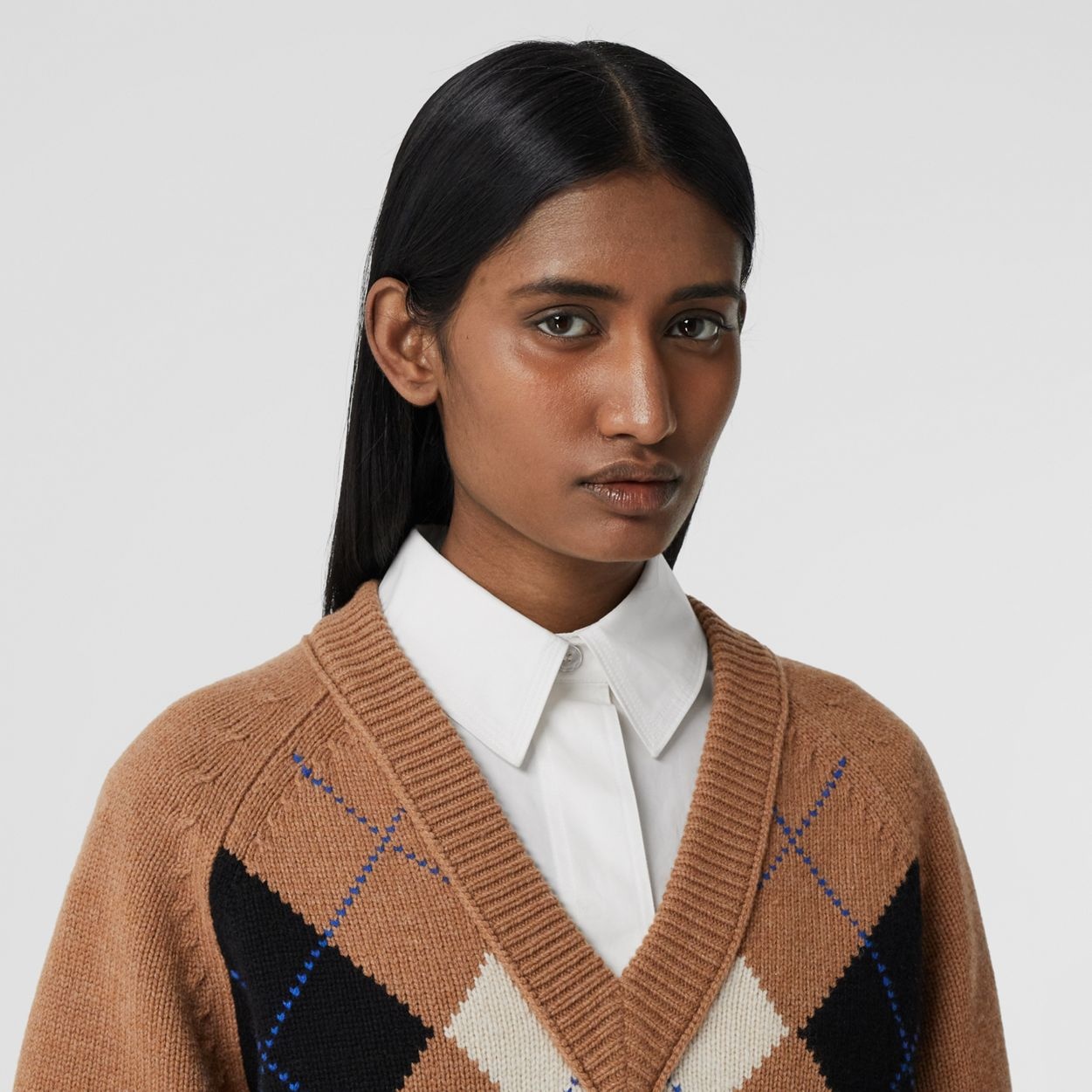 Cut-out Detail Argyle Intarsia Wool Cashmere Sweater - 3