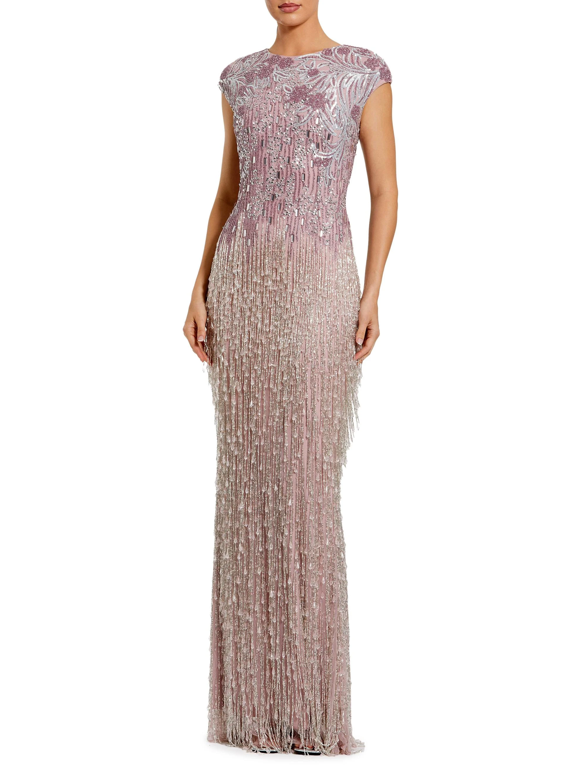 Women's Evening Embellished Mesh Cap-Sleeve Gown - Vintage Lilac - 1