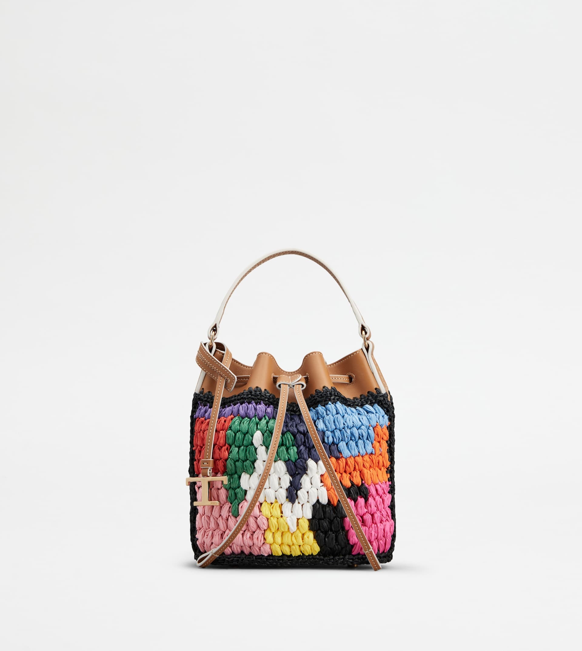 BUCKET BAG IN LEATHER AND RAFFIA MICRO - BROWN, BLACK, RED - 1