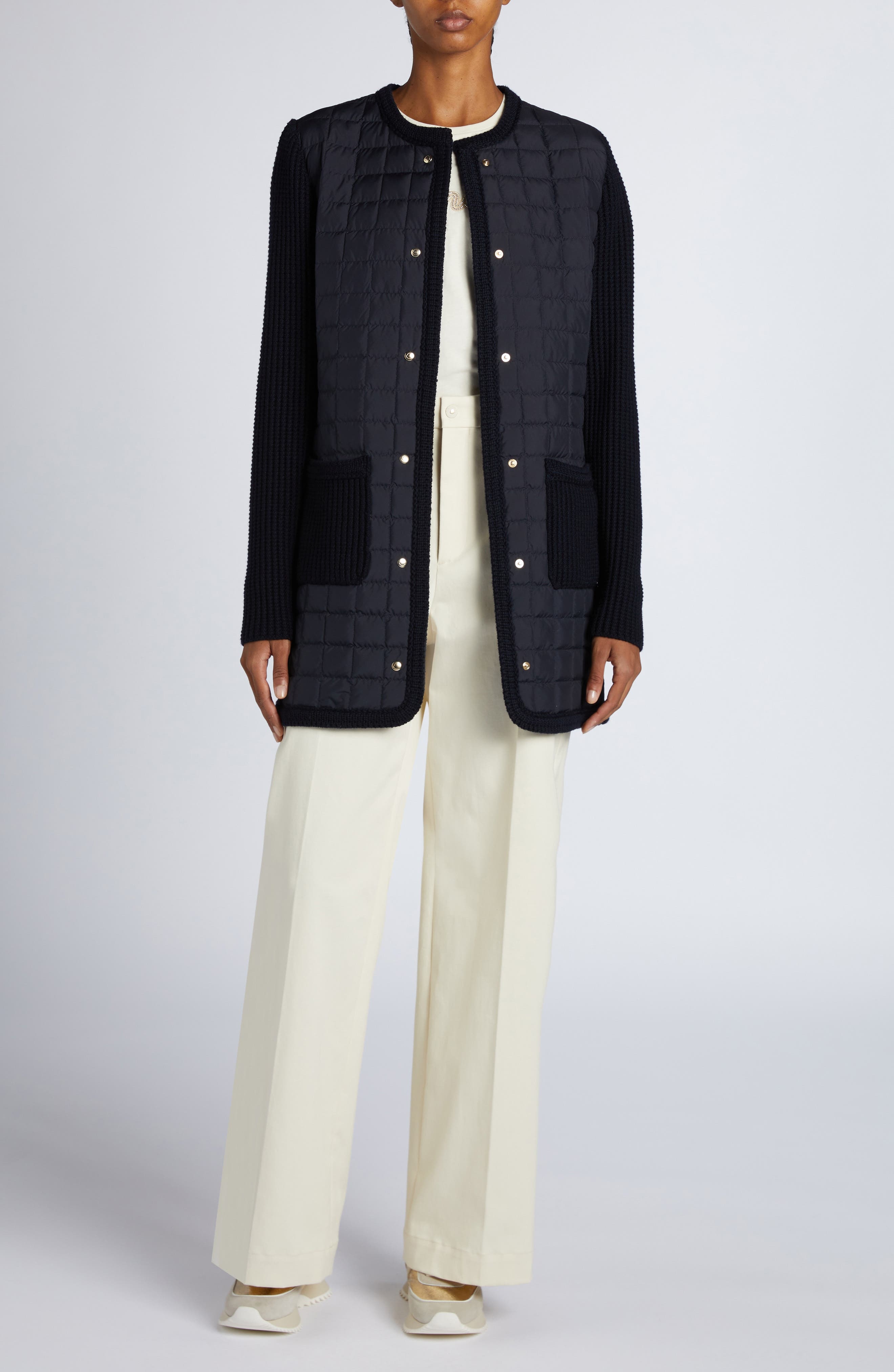 Moncler Quilted Down & Wool Knit Cardigan in Navy Blue at Nordstrom - 2