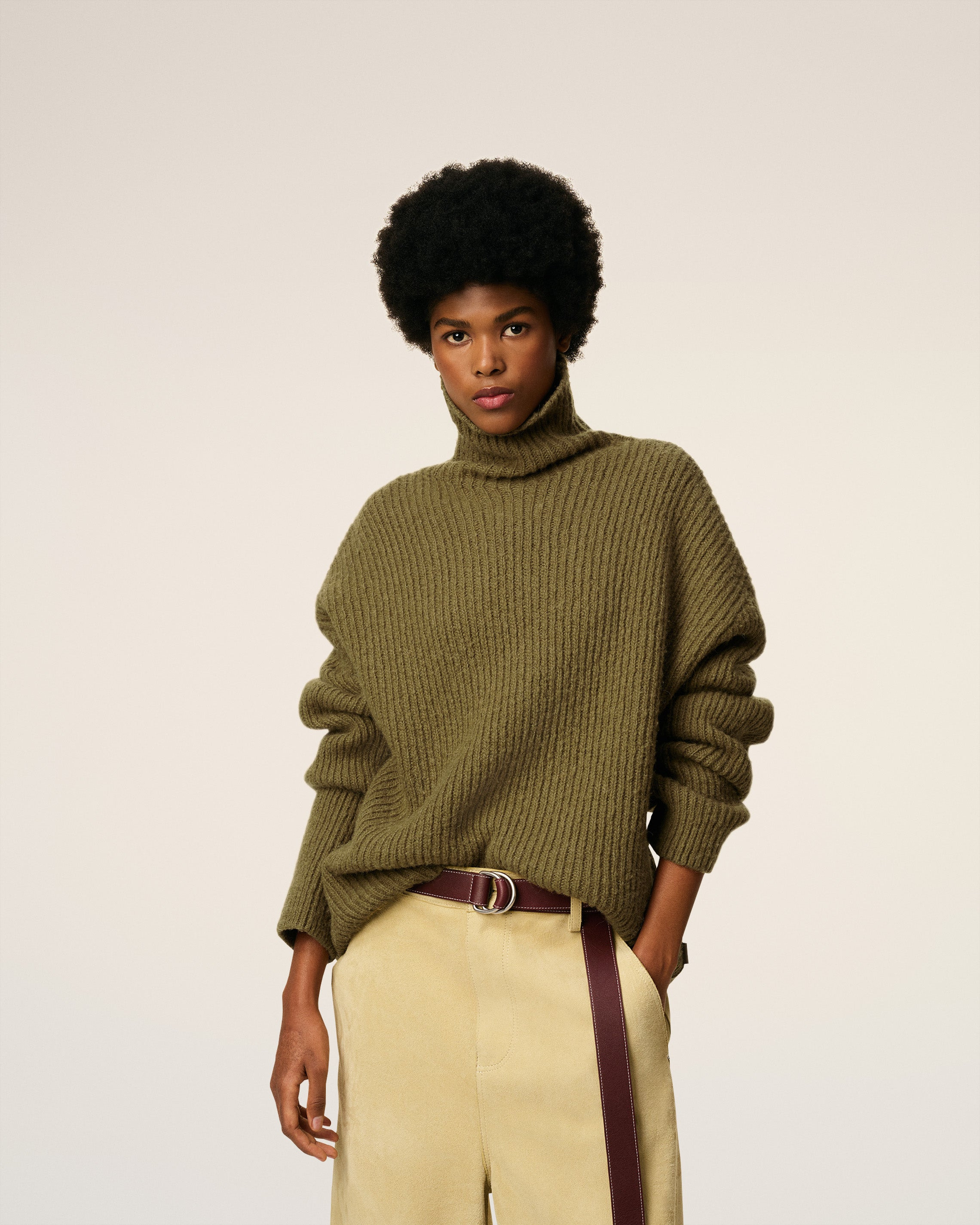 GREEN WOOL FUNNEL NECK SWEATER - 3