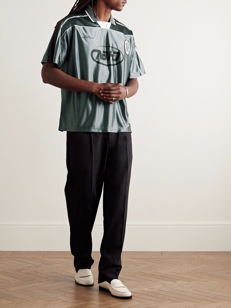 NEIGHBORHOOD Game Appliquéd Logo-Print Striped Satin Polo Shirt Gray outlook