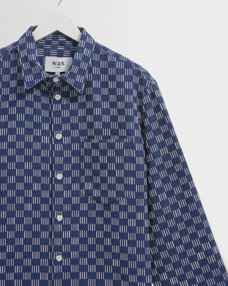 Breton - Indigo And Ecru Geometric Grid Stitch Overshirt 8