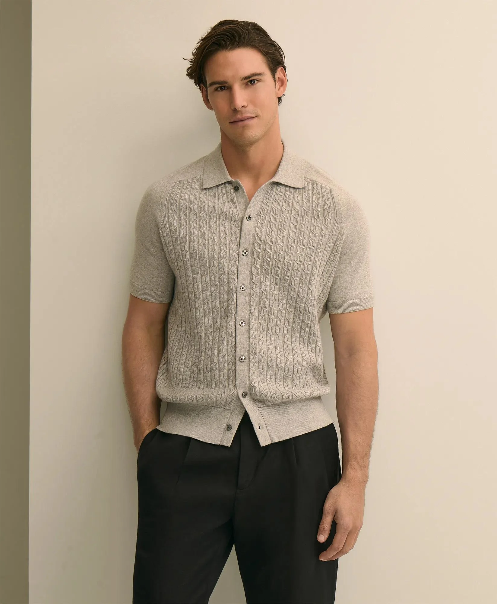 Cotton Cable-Knit Short-Sleeve Polo Sweater - 1